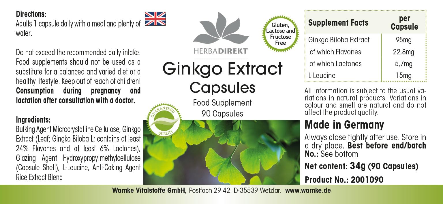 Estratto Ginkgo Biloba capsule 95mg - 90 capsule - almeno 24% di flavoni e almeno 6% di lattoni | HERBADIREKT by Warnke Vitalstoffe - Qualità da farmacia tedesca
