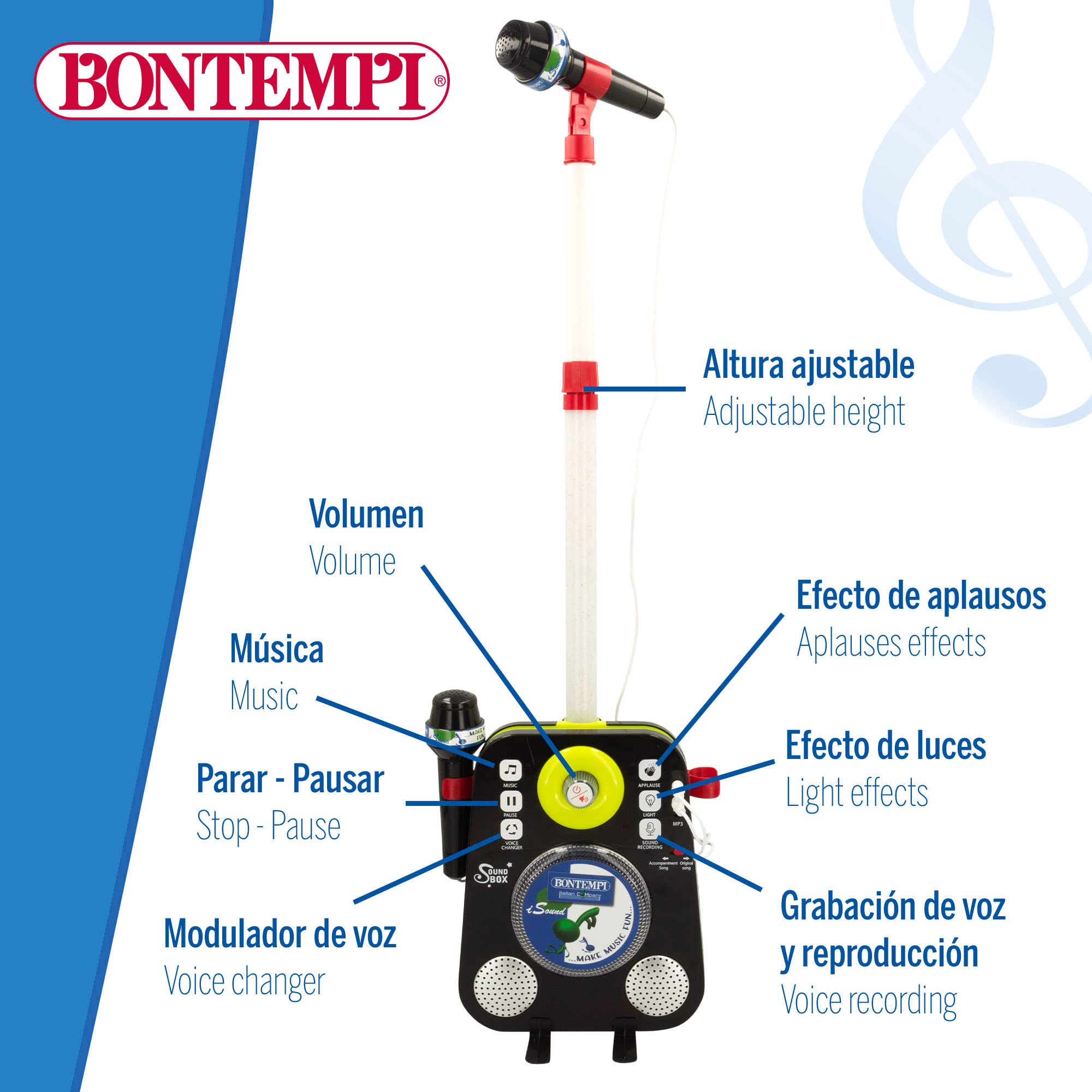 BONTEMPI 46946 Altoparlante karaoke portatile giocattolo con 2 microfoni per bambini/altoparlanti portatili/musica altoparlante portatile. microfono karaoke, microfono per bambini/giocattoli per