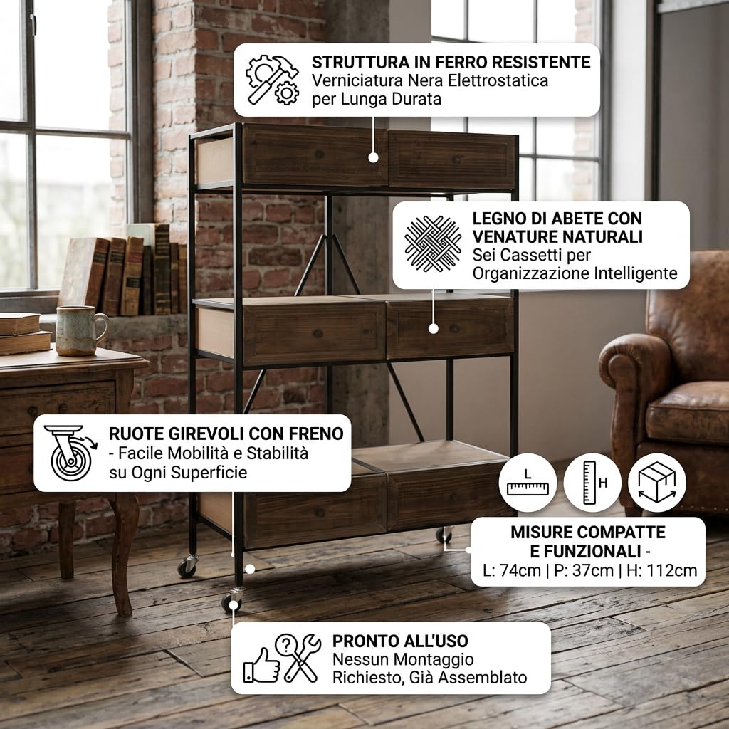 DiKasa Scaffale Industriale in Ferro e Legno con 6 Cassetti e Ruote, Mobile Contenitore per Soggiorno Cucina Studio, Struttura Nera e Cassetti Marrone Scuro 74x37x112 cm
