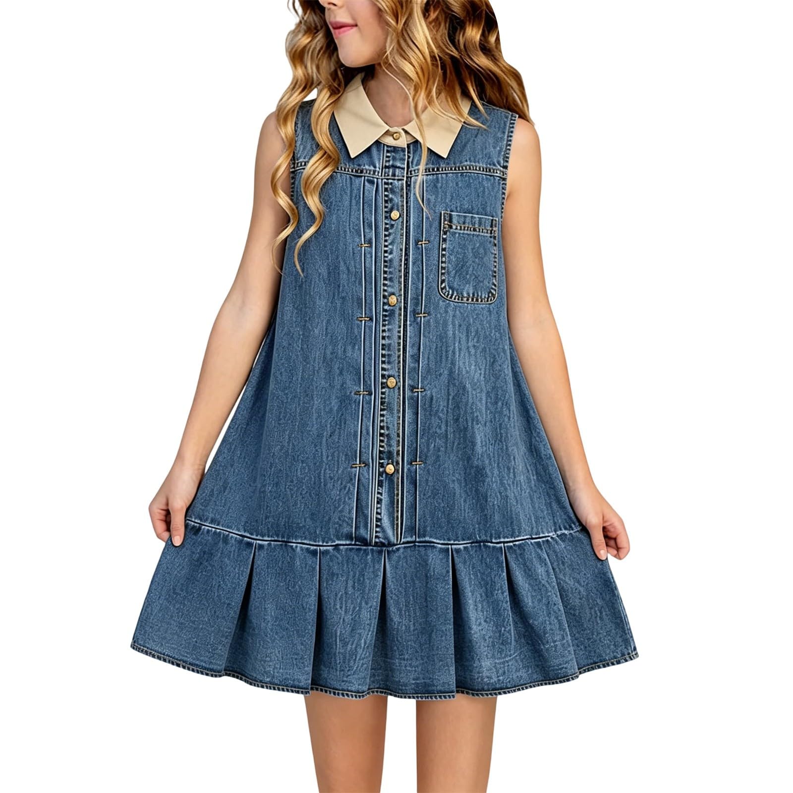 Vestido vaquero para niña, vestido de verano, sin mangas, con volantes, vestido de línea A, vestido para el tiempo libre, vestido de cumpleaños, elegante, suelto para el día a día