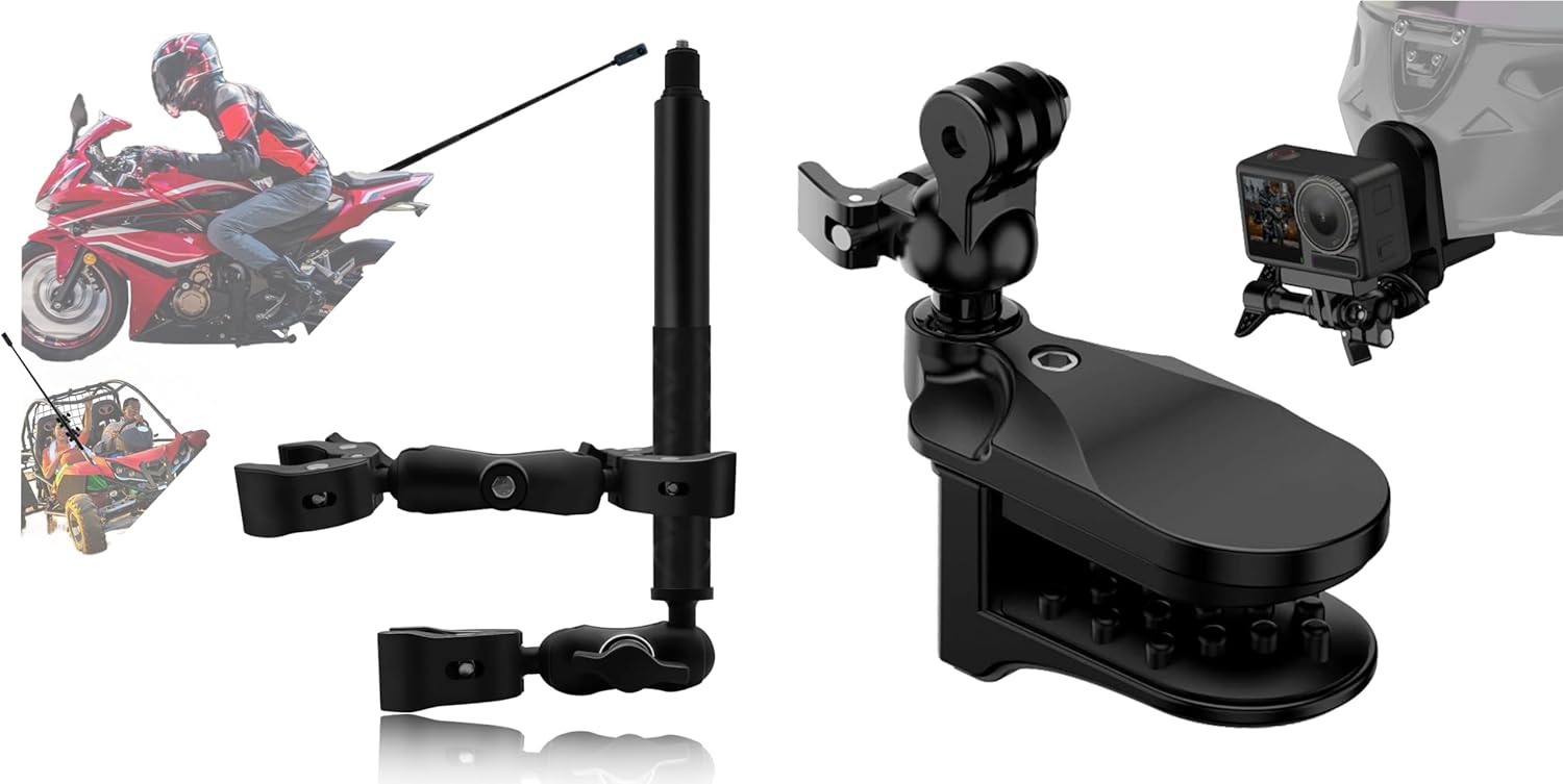 Motorcycle Double Clamp Mount Kit with 47" Invisible Selfie Stick+Osmo 360 Motorcycle Helmet Chin Clamp Mount, Bike Handbar Holder Compatible for DJI Osmo Nano 360