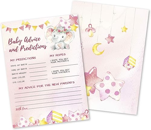 50 tarjetas de consejos y predicciones de elefante rosa de lujo, tamaño grande de doble cara de 5 x 7 pulgadas para juego de baby shower, nuevo