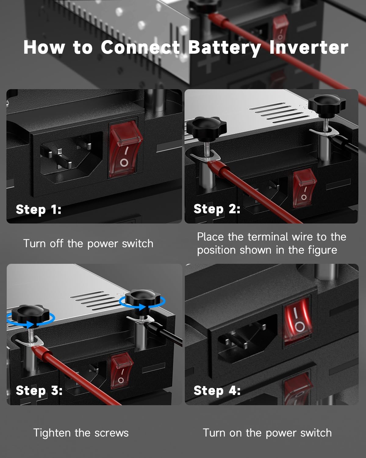Four-step visual guide demonstrating how to connect a battery inverter to the ALITOVE power supply, including turning off the switch, placing wires, tightening screws, and turning on the switch.