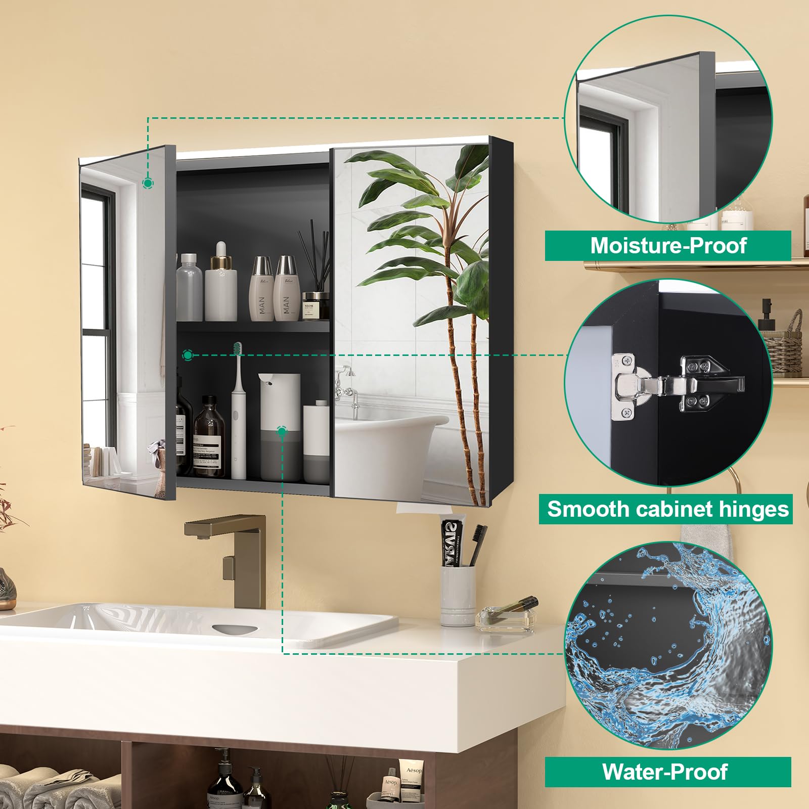 Armario con espejo de baño con iluminación LED, armario con espejo para baño con 5 estantes, interruptor táctil, armario de baño con espejo, 80 x 13 x 60 cm, color negro
