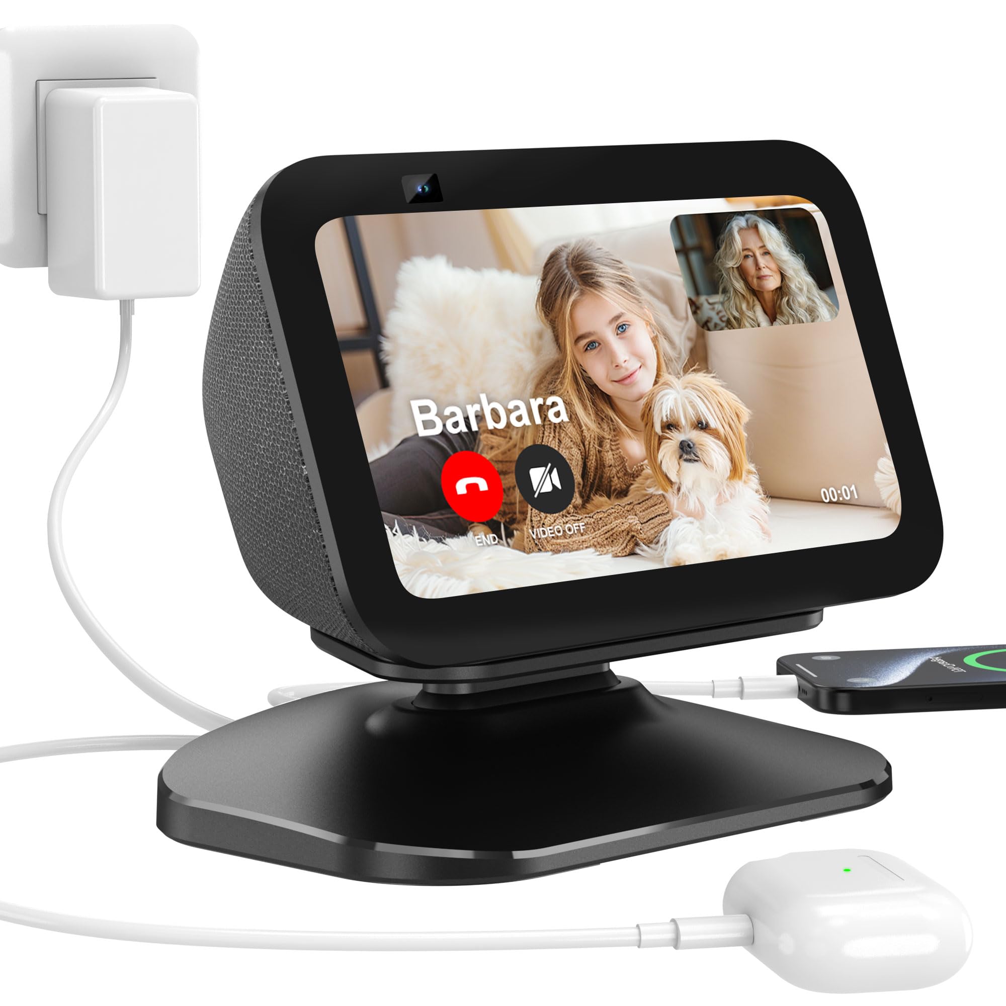 PlusAcc Soporte ajustable para Show 5 (3.ª gene). Base de Carga con Puertos de Carga USB-C/A y tipo C. Soporte de Carga para iPhone, Relojes Inteligentes, Teléfonos Inteligentes y Auriculares. (Negro)