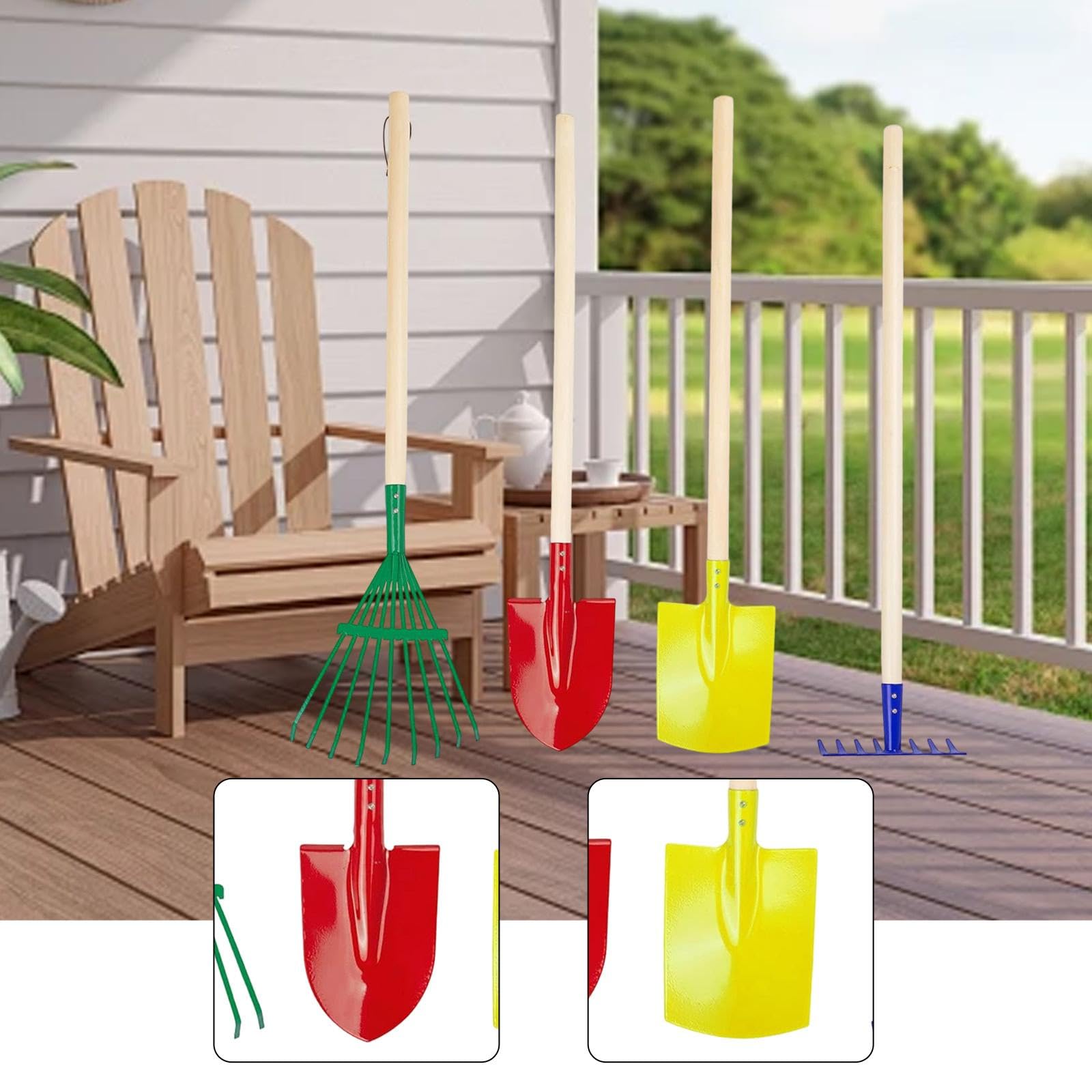 4 Piezas Rastrillo para Niños Kit de Herramientas de Jardinería Infantil Rastrillo Hoja Mango Largo Acero Carbono Ligero Adaptado para Juegos