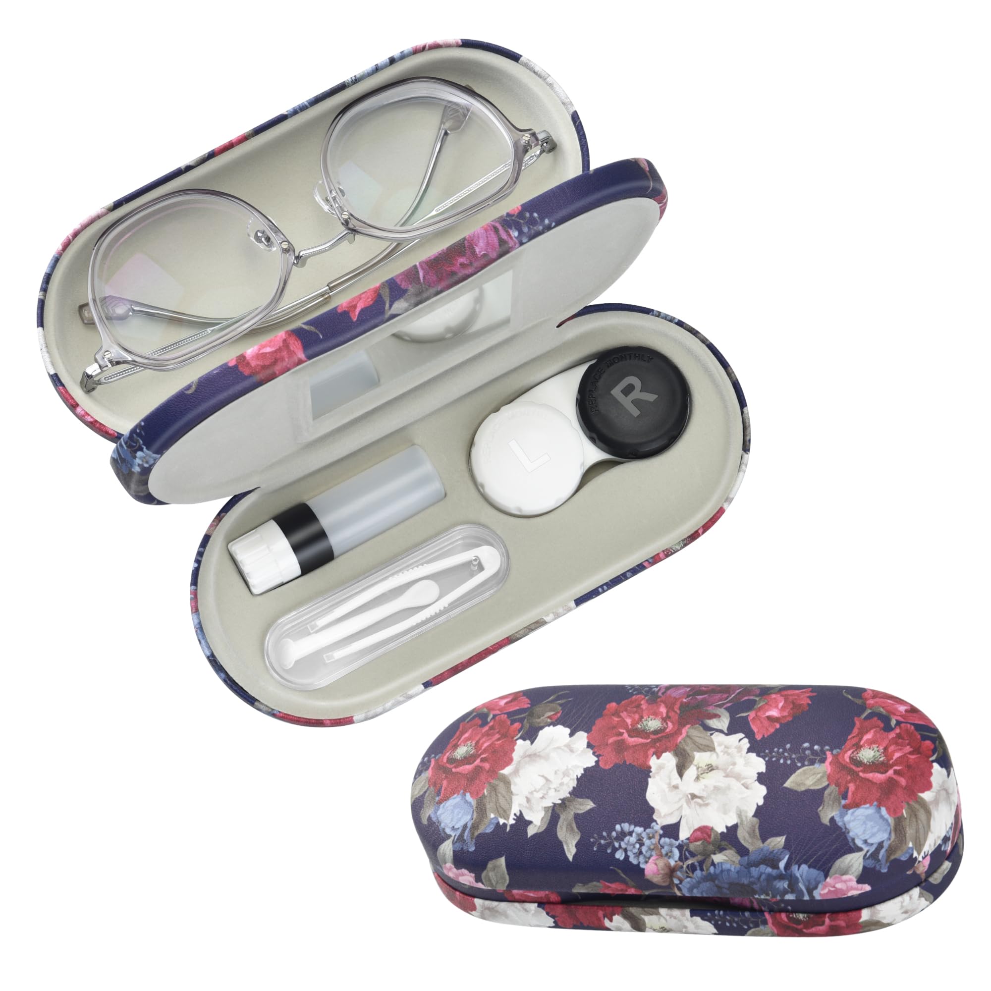 2 in 1 Contact Lens and Glasses Case,Double Sided Dual Use Design with Mirror, Tweezer and Contact Lens Solution Bottle,Portable Soak Storage Kit for Travel,Office(Evening Blue & Peony)