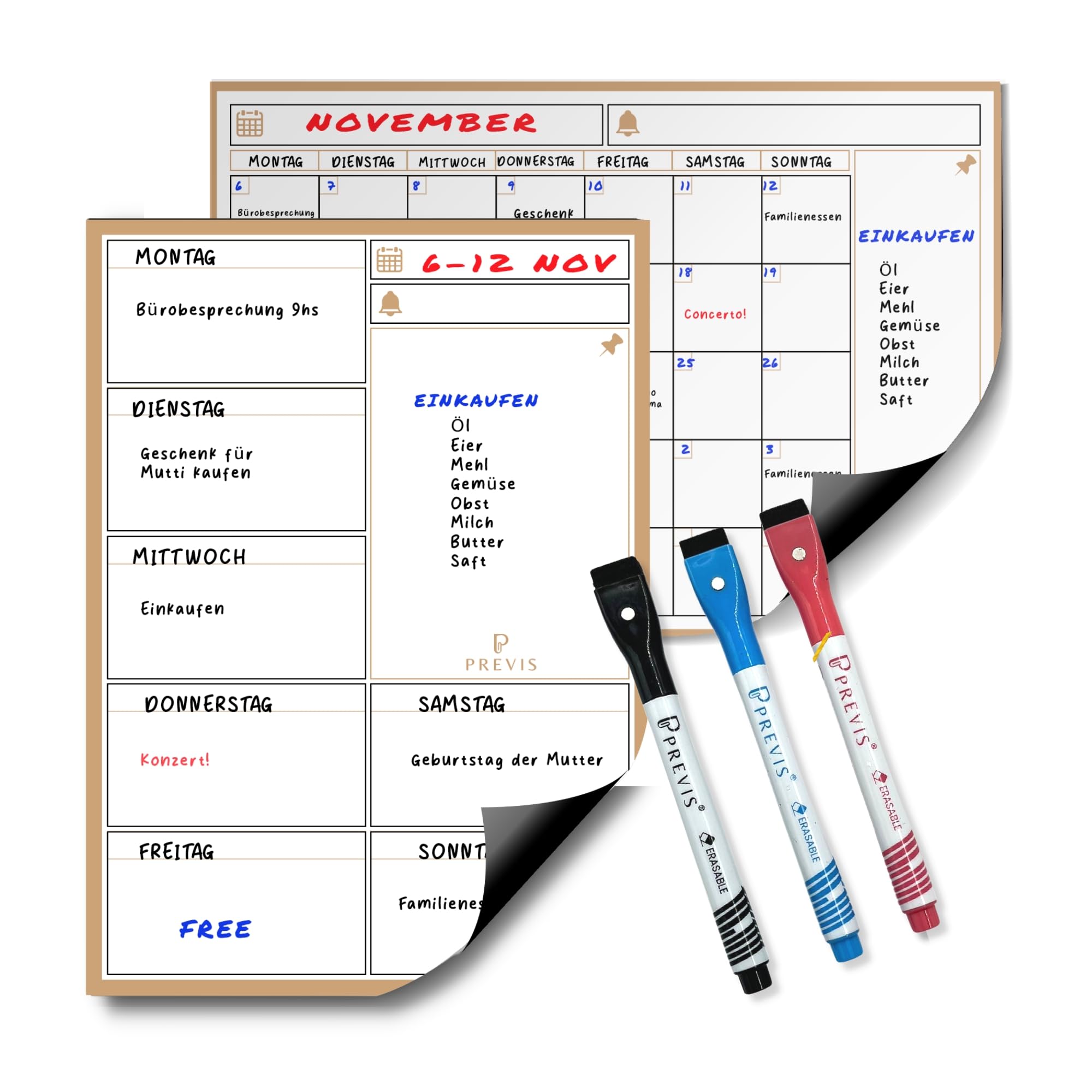 Previs A4 Magnetic Monthly Calendar Pack + A4 Magnetic Weekly Planner for Fridge, Organiser, Planner Day, Menu, Purchase