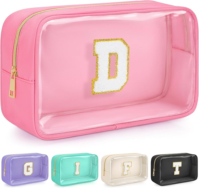 Necessaire de maquiagem WELIDAY com inicial D, zíper e patch de chenille, rosa