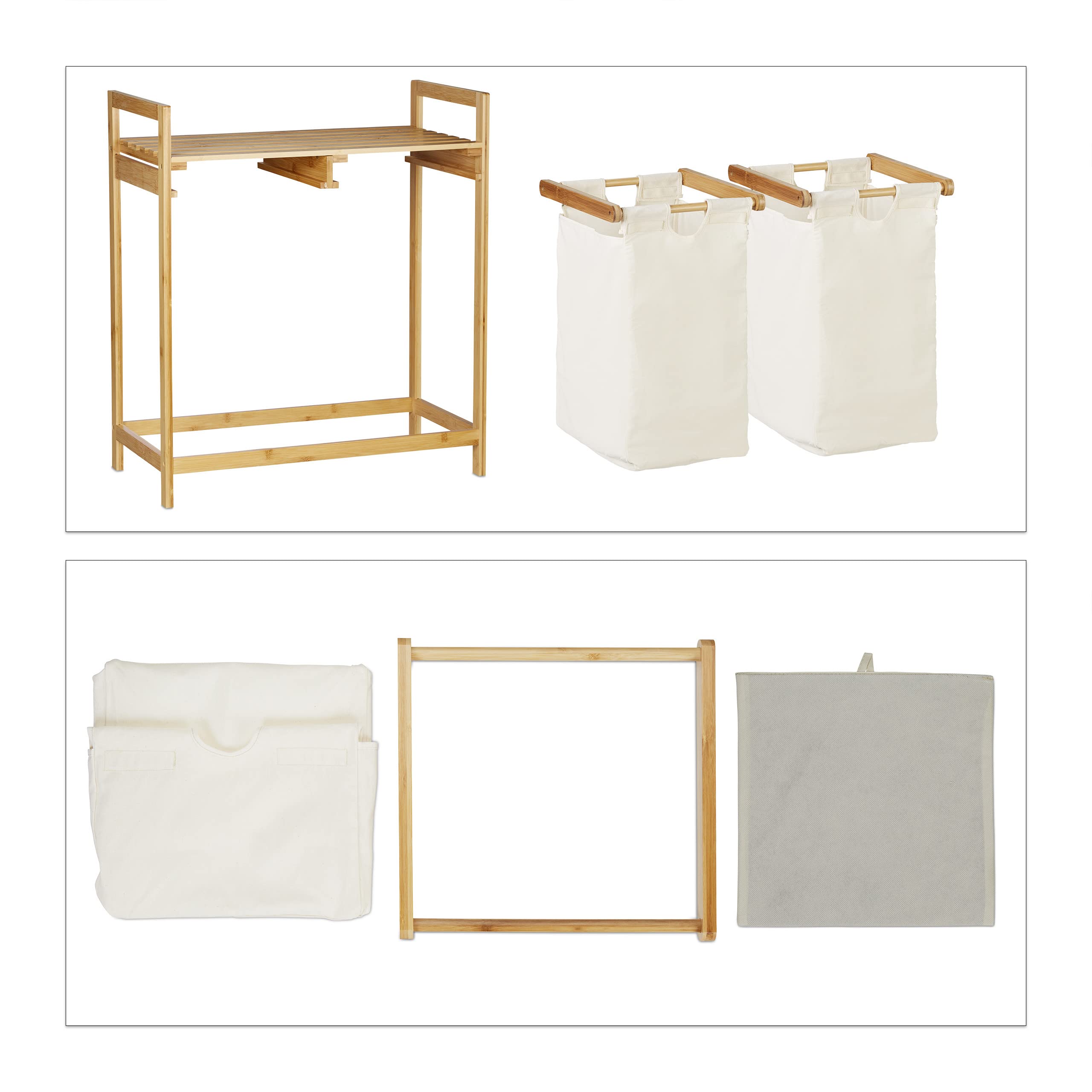 Relaxdays Centro para la colada, Separador de ropa sucia, Dos compartimentos, Portátil, 60 L, 1 Ud., Natural
