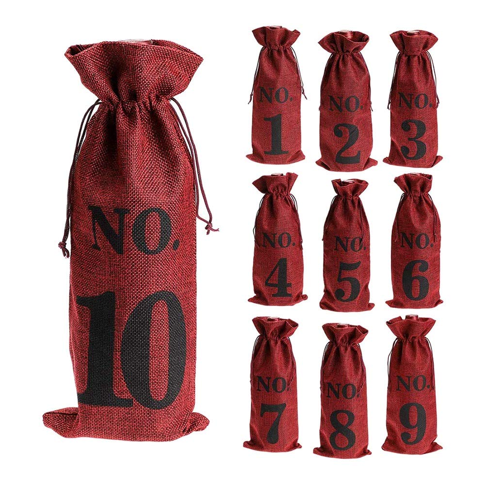 Fuhjythy 1 to 10 Burlap Wine Bags Blind Wine Tasting,Wine Bags Wedding Table Numbers,Wine Tasting Bags,Party,Christmas,10 Pcs,Red
