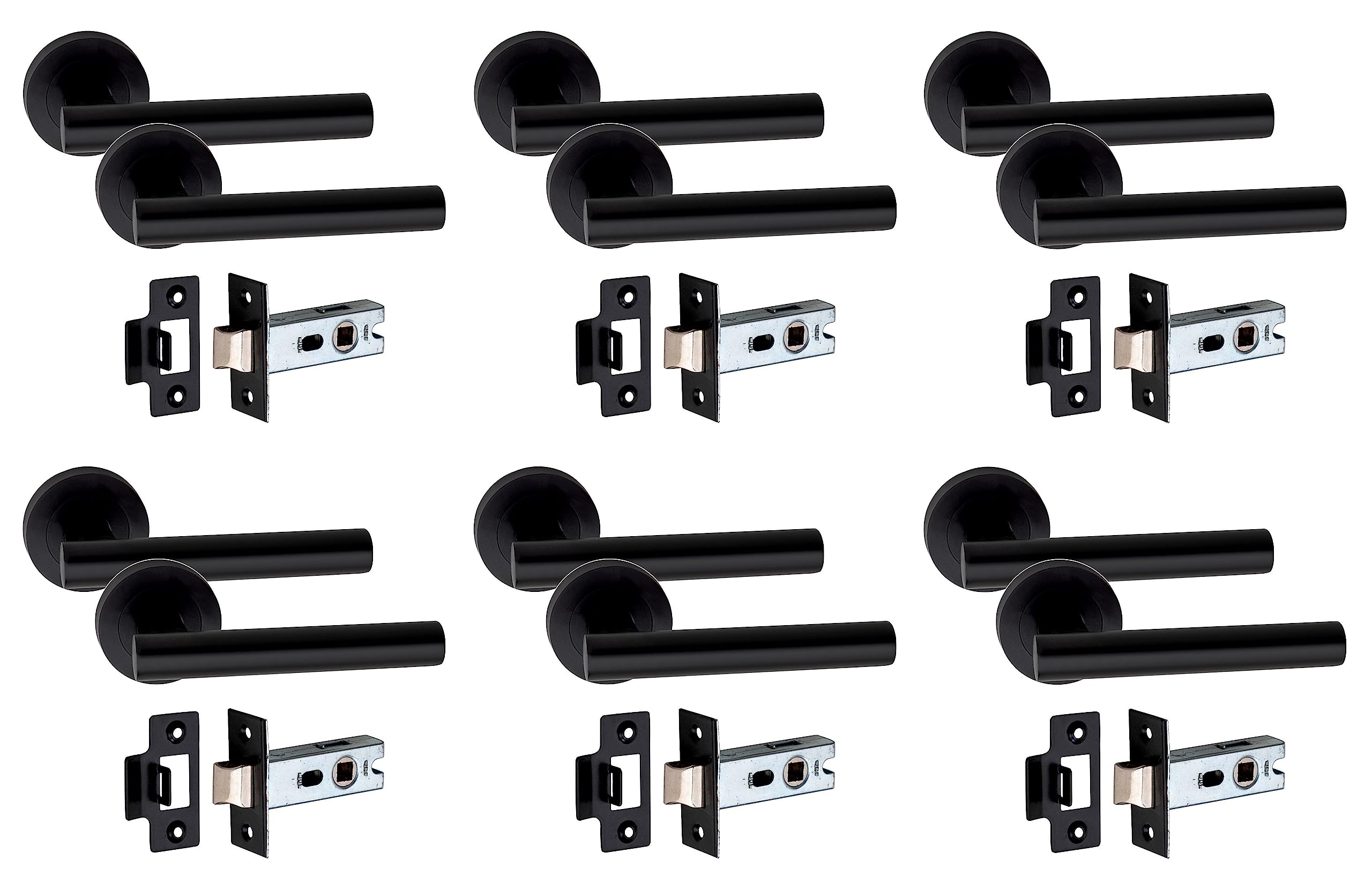 Golden Grace Straight T-Bar Design Door Handles on Round Rose with 2.5" Tubular Latch in Matt Black Finish, 6 Pairs - 52mm Diameter