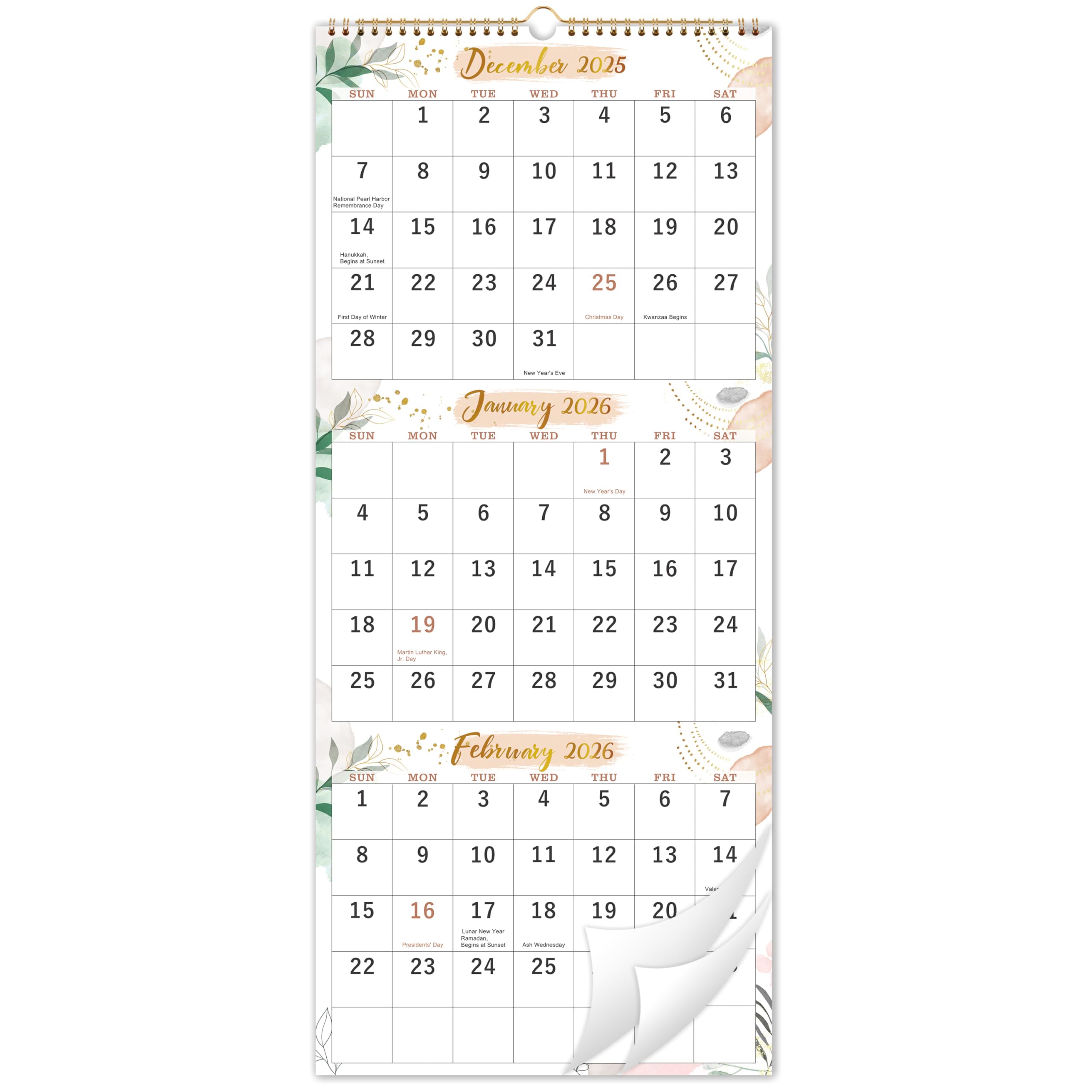 2026 Wall Calendar - 3 Month Calendar 2026 Vertical, 3 Month Wall Calendar, 11" x 26", December 2025 - January 2027, Calendar 2026, Large Monthly Calendar, Holidays - Colorful Floral