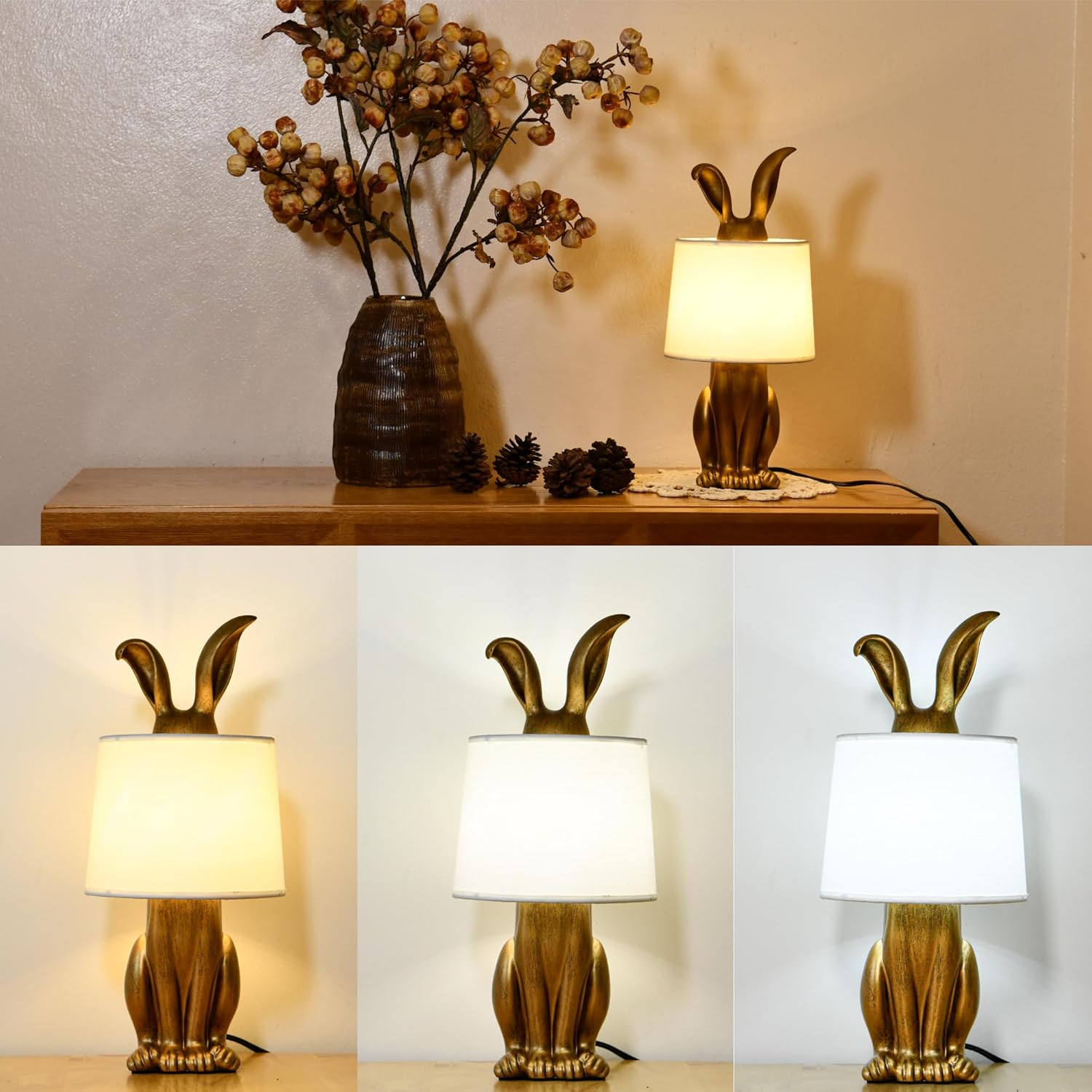 Bunny Table Lamp, Cute Animal Rabbit Lamp,Bunny Lamps,15.7" Vintage LED Desk Light with Linen Lampshade,Gold Main Part Beside Lamp for Bedroom, Study Room, Office, Nursery, Home Decor (Linen White)
