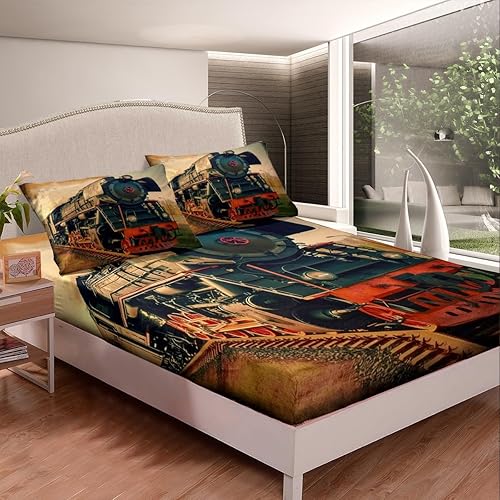 Miniatura 9 de Erosebridal Juego de sábanas de tren de vapor 3D, sábanas retro para vehículos de vías de ferrocarril, sábana bajera ajustable vintage estilo