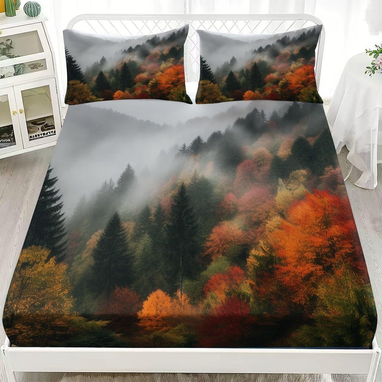 Forest Double Fitted Sheet Misty Landscapes Bed Sheets Deep Pocket 12 inch (30 cm) Soft Cozy 3 Piece Microfibre Bed Sheet 135x190 cm with 2 Pillowcases 50x75 cm