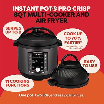 Instant Pot Pro Crisp 11-in-1 Air Fryer and Electric Pressure Cooker Combo with Multicooker Lids that Air Fries, Steams, Slow Cooks, Sautes, Dehydrates, More, Free App With Over 800 Recipes, 8 Quart