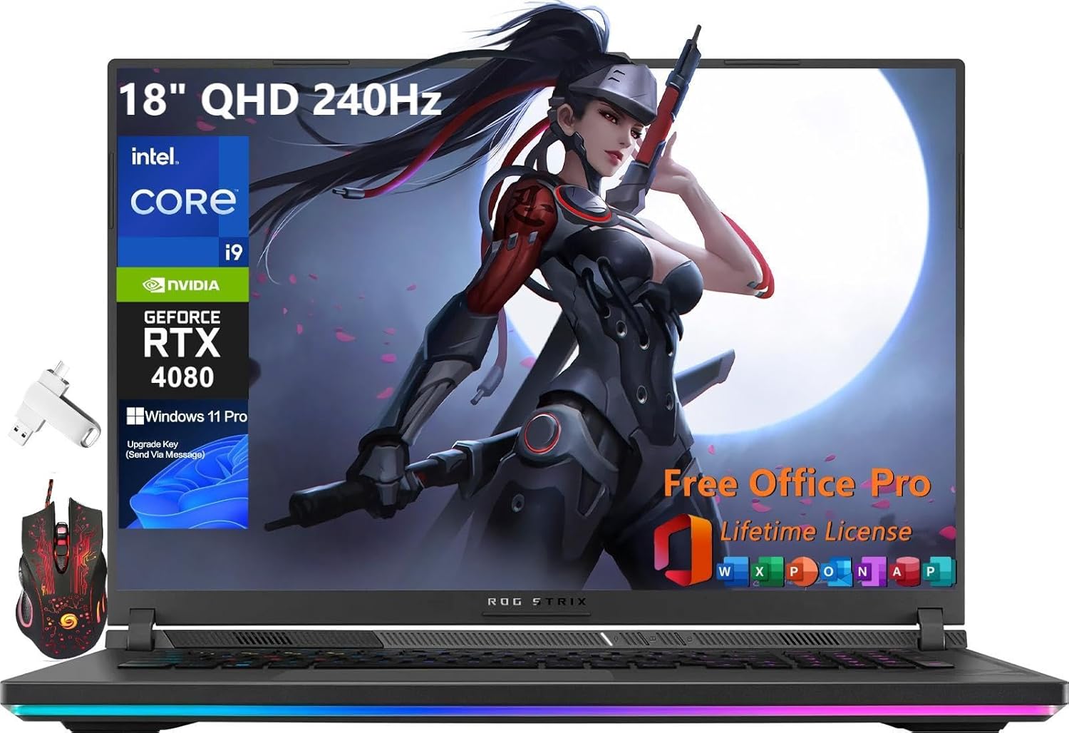 ASUS Lastest ROG Strix G18 Gaming Laptop, 18″ 240Hz WQXGA QHD+, Intel i9-14900HX CPU, GeForce RTX 4080, 64 GB DDR5, 4 TB SSD, with Backlit Keyboard, Office Lifetime License, Win 11 Pro, Patented Mouse