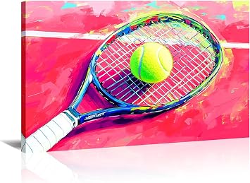 Tennis Canvas Wall Art Sports Wall Decor Contrast Tennis Racket Tennis Ball Court Picture Pink Poster Inspiration Art for Wall Decor FramedArt-1,24.00"x36.00"