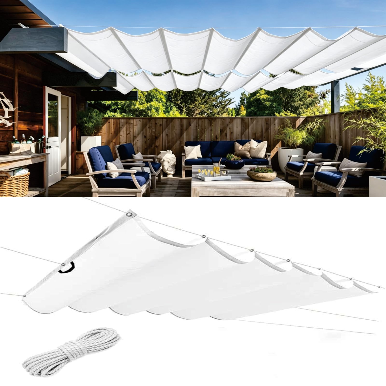Voile d'ombrage vague rétractable blanc pour un patio ombragé et frais