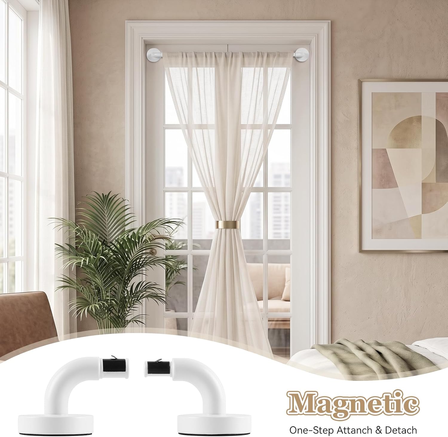 2 Pcs Magnetic Curtain Rods for Metal Doors, Adjustable 18-30",White | 3/8” Diameter, No Drilling, Strong Magnet Grip, Magnet Rod for French Door, Cafe Window