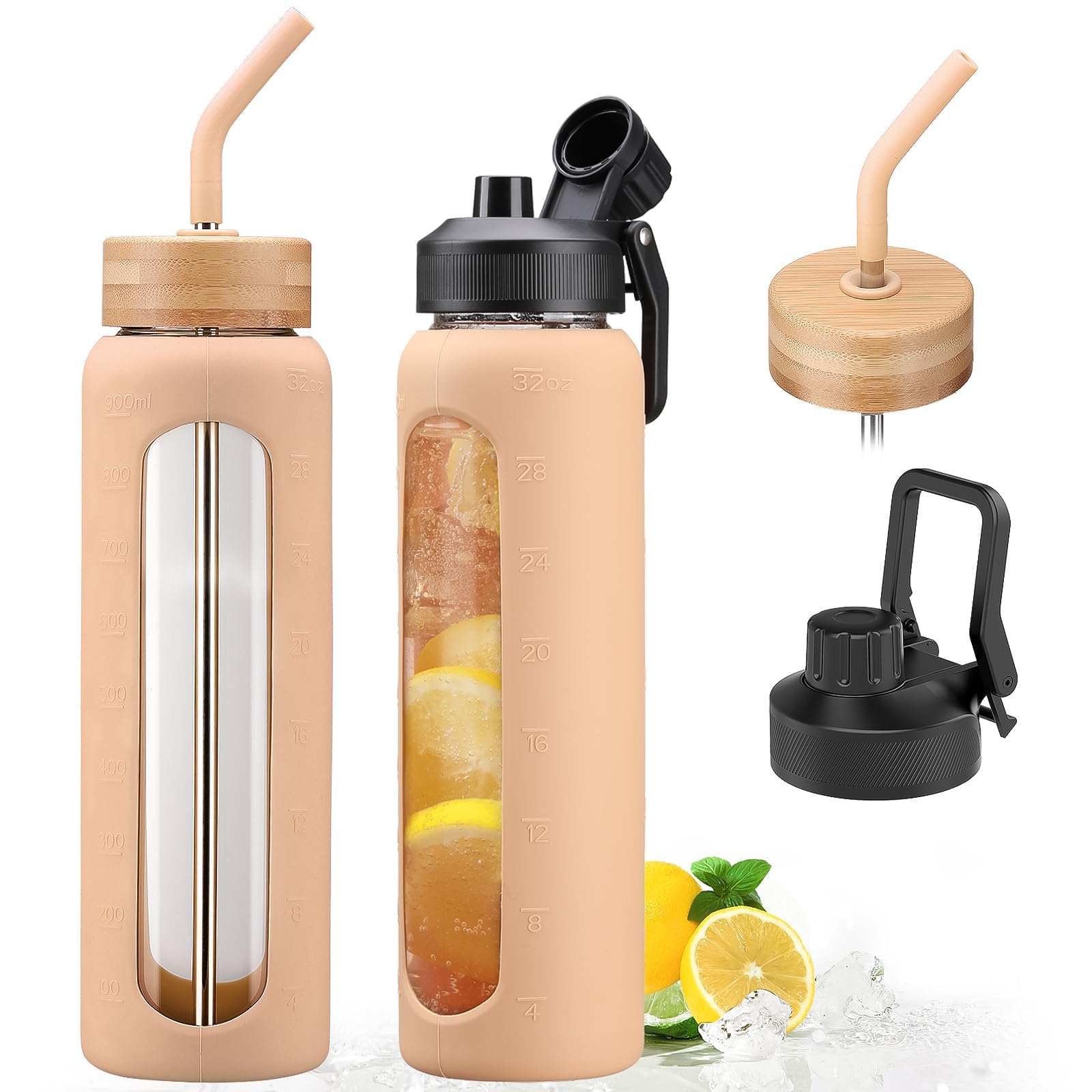 NOLOGLAZIC 32oz Glass Water Bottle with Straw and 2 Lids- Bamboo and Spout Lid,Motivational Sports Water Bottle with Silicone Sleeve and Time Marker,