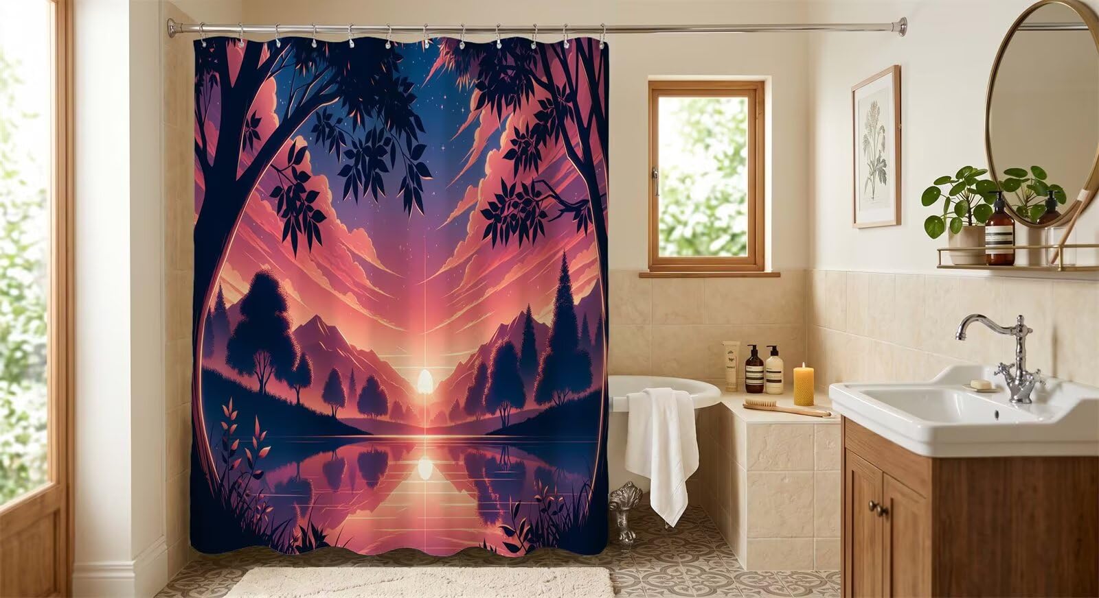 Yoonqun Shower Curtain 180 x 180 cm Waterproof Mold Resistant Modern Bathroom Curtains with 12 Hooks,Machine Washable Bath curtain for Bathtub & shower Stall (Sunset Lake Woods)