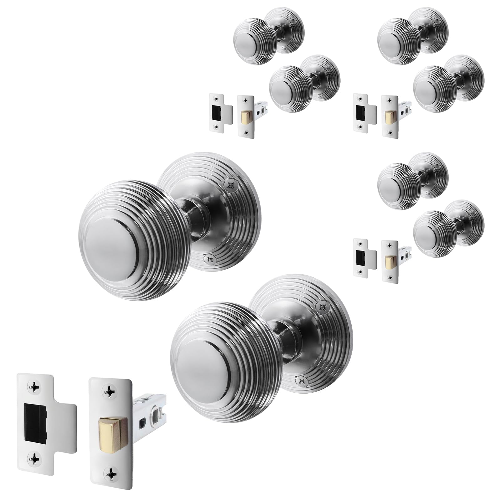EAI Polished Chrome Door Knobs with Latch 76mm, 4 Pack - Beehive