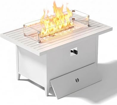 43" Aluminum Propane Fire Pit Table with 55,000 BTU, Rectangle Outdoor Gas Fire Table with Glass Wind Guard, Glass Stones & Waterproof Cover, Patio Fire Table for Backyard, Deck, Garden, White