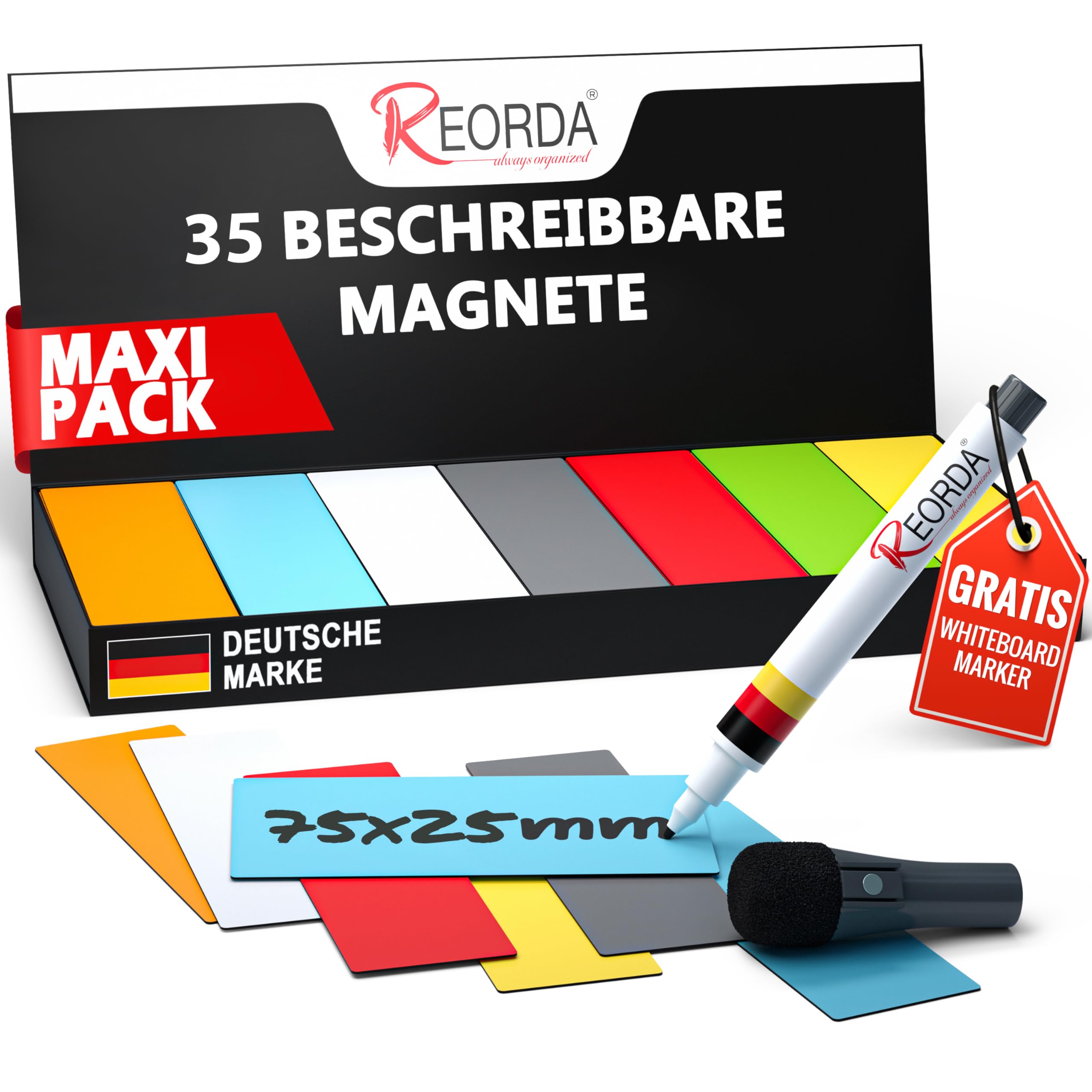 Reorda Beschreibbare Magnetstreifen 35 Stück - Whiteboard Magnete Mit Stift