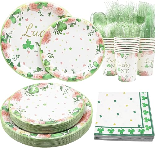 Decodinli Suministros de fiesta para el dĂa de San Patricio Lucky One sirve para 25 personas, decoraciones para fiestas de baby shower, platos y