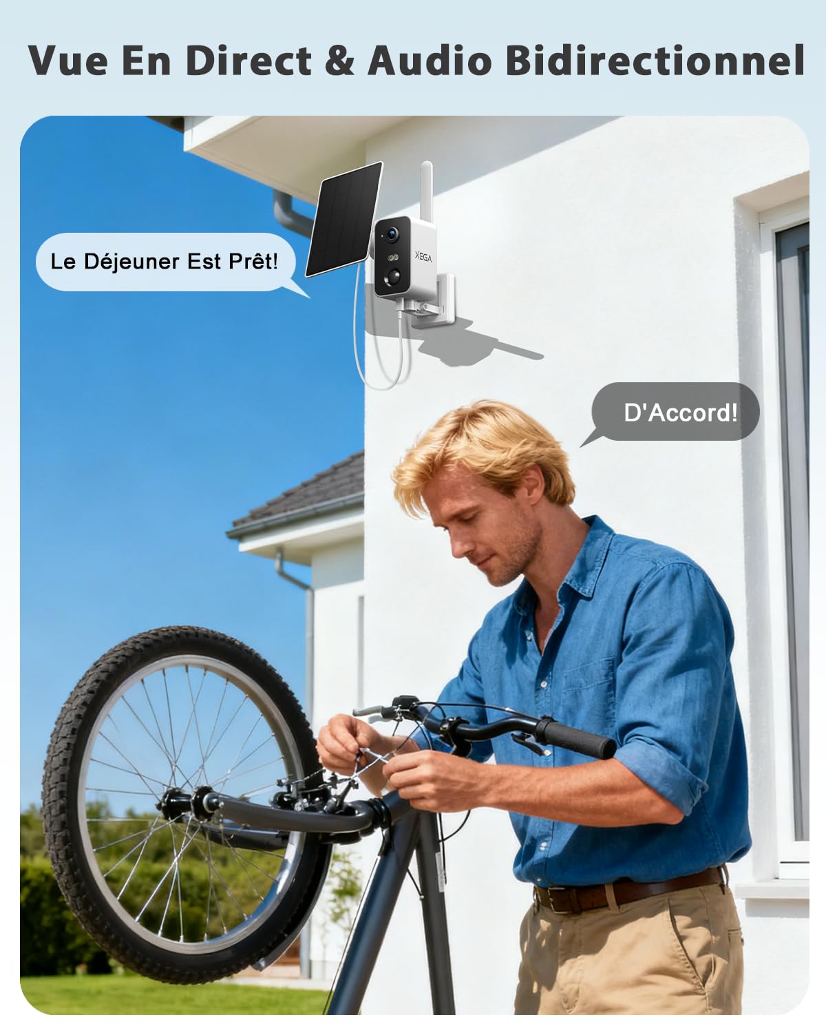 Xega Caméra 4G Solaire, SIM, Vision Nocturne Couleur, sans WiFi, Pan 180°