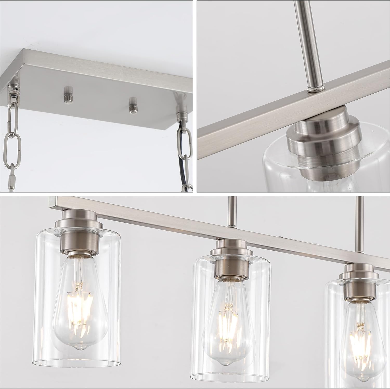 Island Light for Kitchen, Brushed Nickel Dining Room Light Fixture Over Table, 4-Light Linear Chandelier Pendant Lighting for Dining Table Kitchen Island Living Room