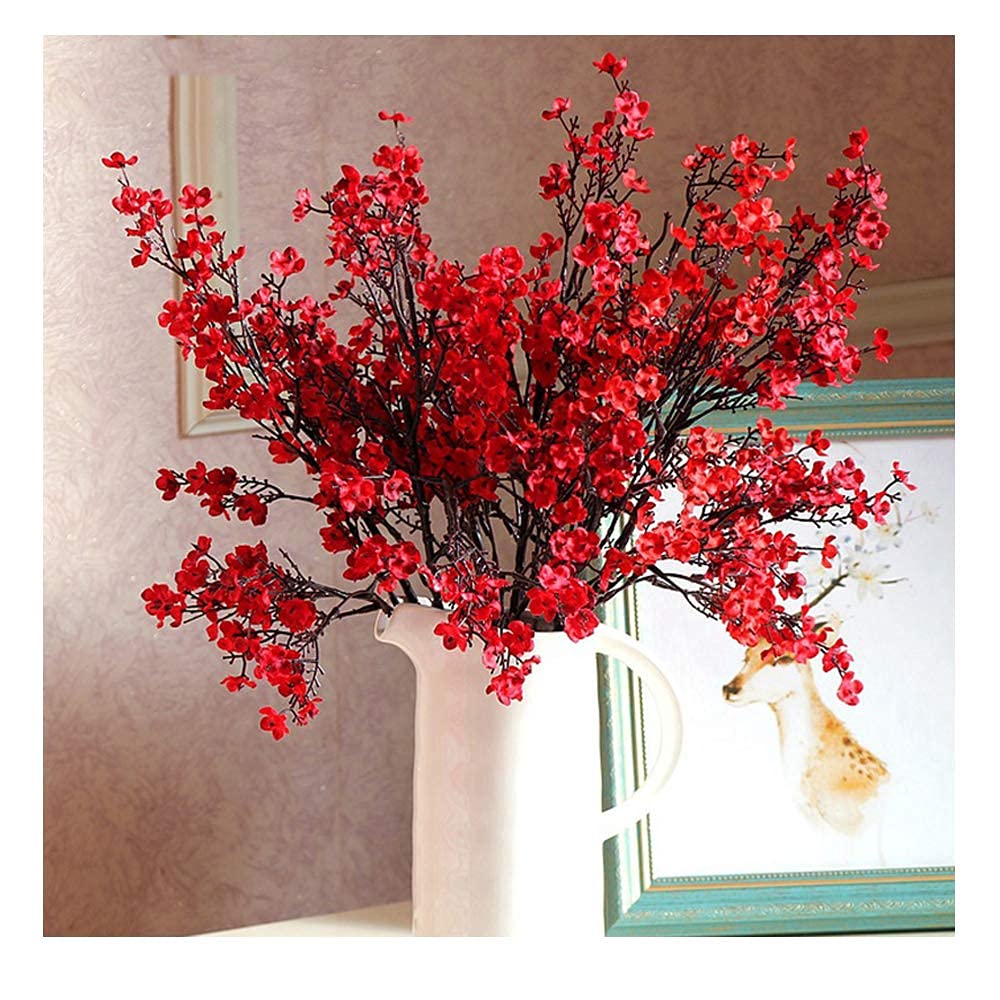 None-branded 4Pcs Artificial Flowers Cherry Blossom Simulation Peach Branches Flowers Fake Silk Peach Flowers Sakura Bouquets Faux Peach Fake Plants for Wedding Home Indoor Decorative (Red)