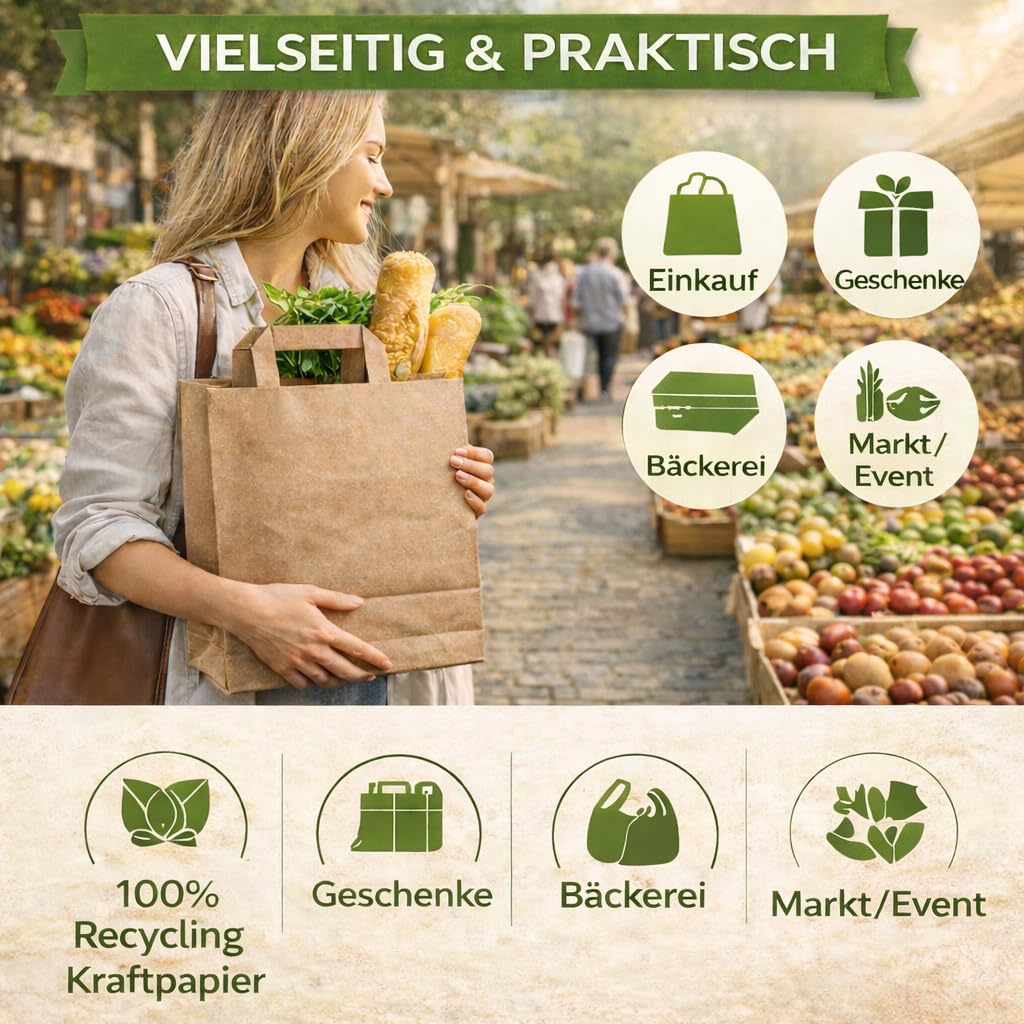 150 Papiertüten Braun mit Henkel 45+17x47cm – Papiertragetaschen und Papiertaschen mit Henkel aus stabilem Kraftpapier