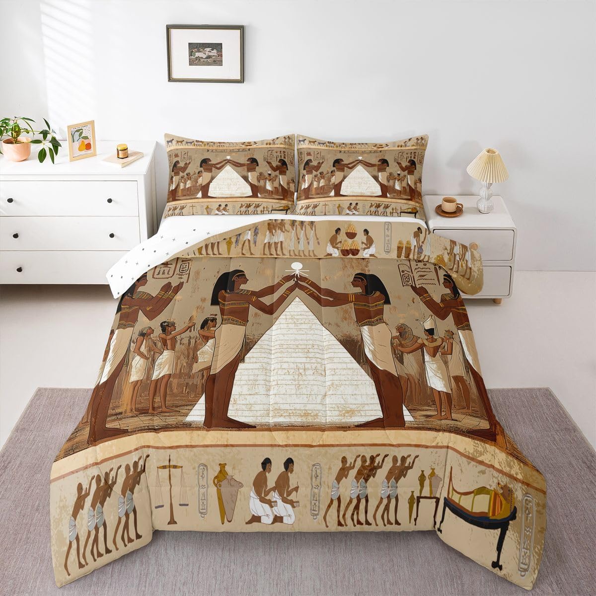 Feelyou Ancient Egypt Comforter Set Soft Kids Retro Egypt Culture Bedding Set Vintage Egyptian Decor Quilted Duvet Bed Set with Comforter for Girls Boys (Full, 3 Pieces) Boys