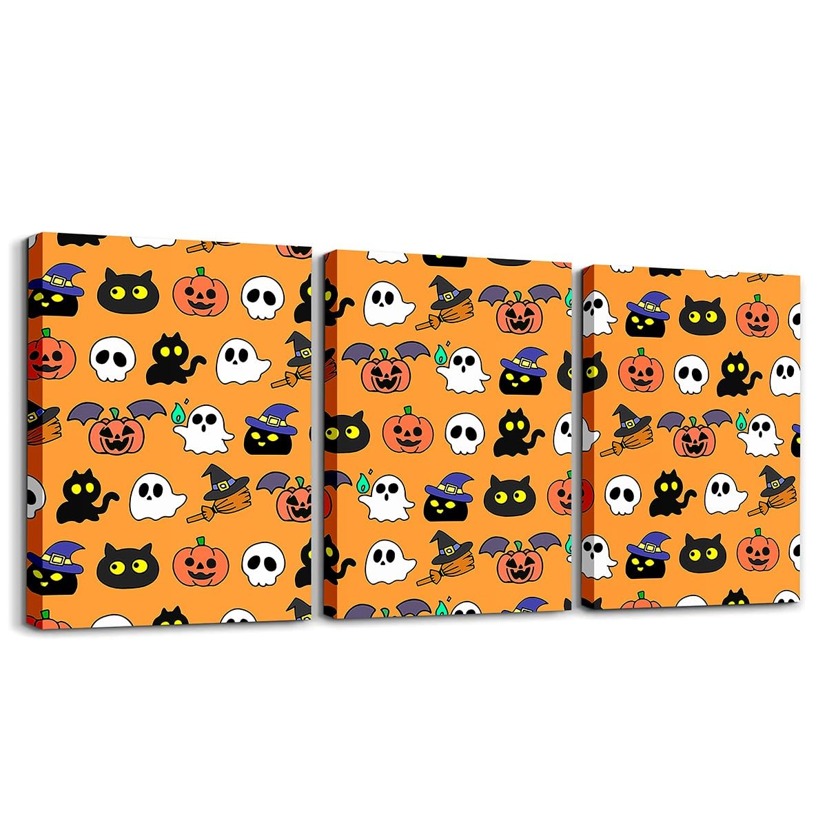 Loussiesd Happy Halloween 3 Piece Canvas Wall Art for Living Room 40X30cmx3pcs Pumpkin Office Wall Decor Artwork Postersative Horror Theme Bathroom Wall Art for Home Decor Skull Ghost Printed Oramge