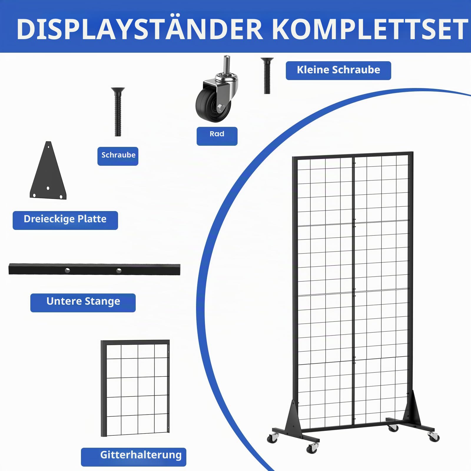 Gitterwand Stehend, Gridwall Präsentationsständer, 60 x 160 cm, Verkaufsstand mit dreieckiger Basis, Strapazierfähig, Bodenstehend, für Einzelhandel, Kunstmesse (Schwarzes Finish)