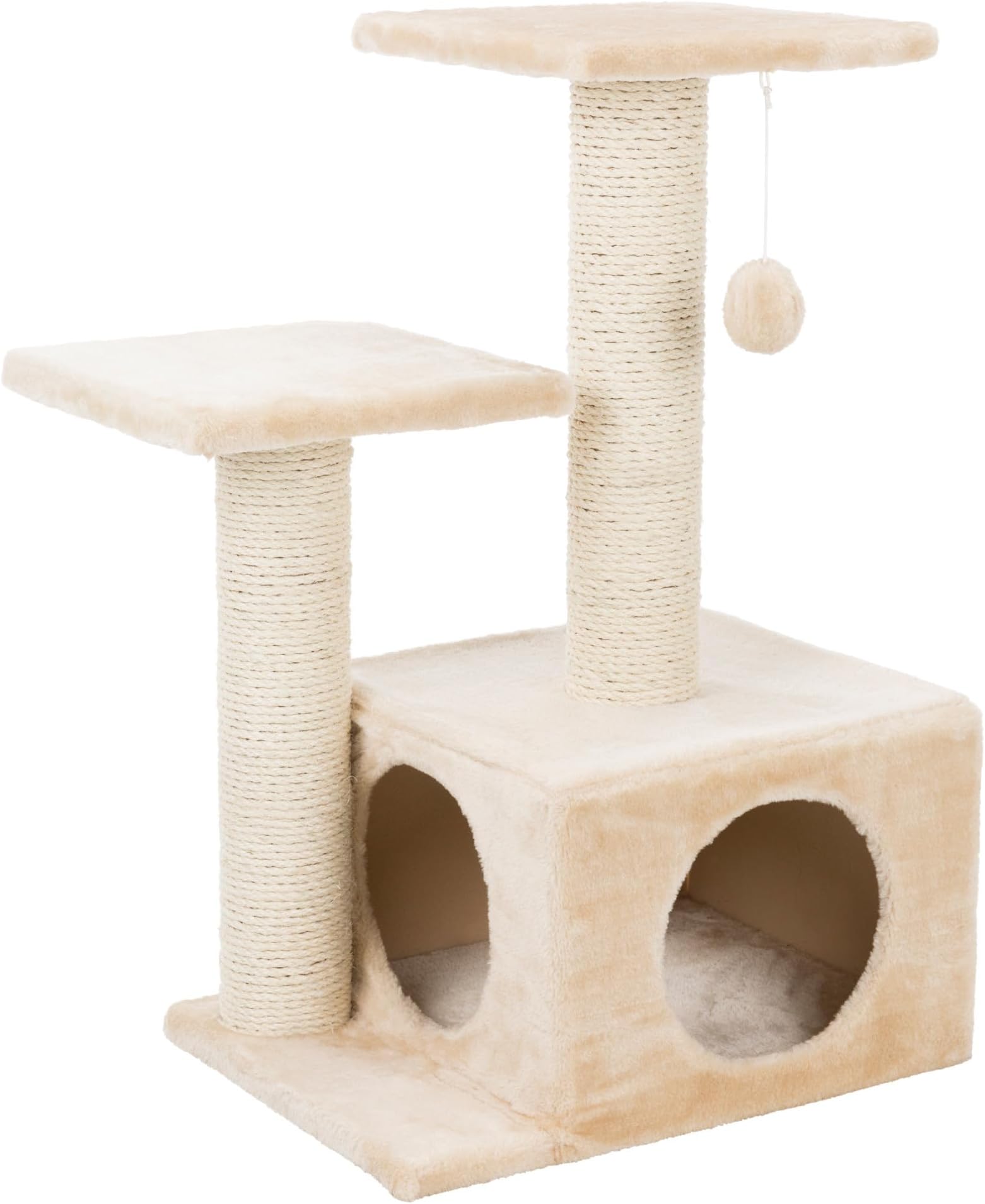 TRIXIE Valencia Scratching Post with Condo, Two Platforms, Dangling Cat Toy, Beige