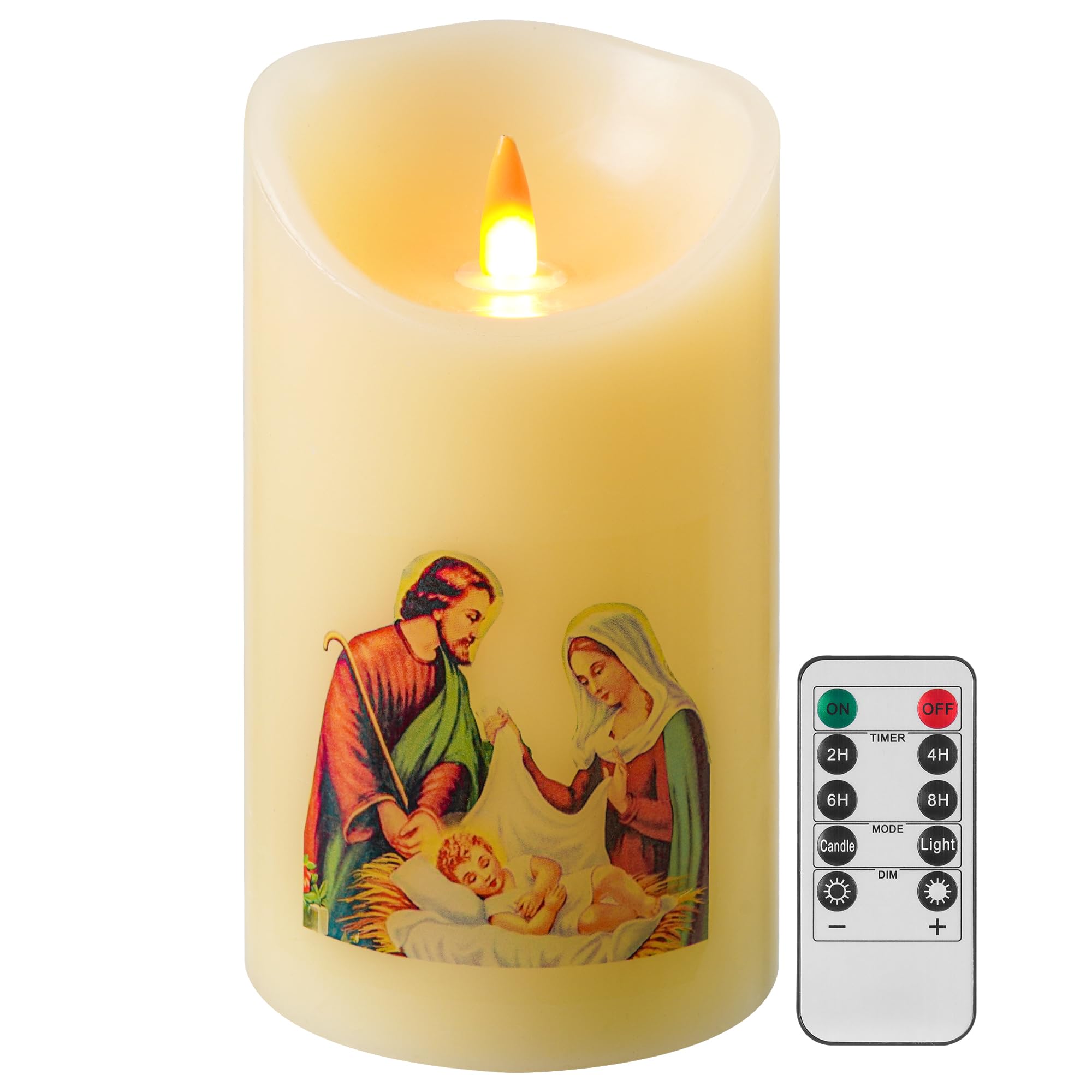 Holy Family LED Devotional Prayer Candle - Battery Operated Religious Candle with Remote Control & Timer, Real Wax 3D Flickering Wick, 6" x 3.2" for Religious Festivals, Home Altar, Church & Devotions