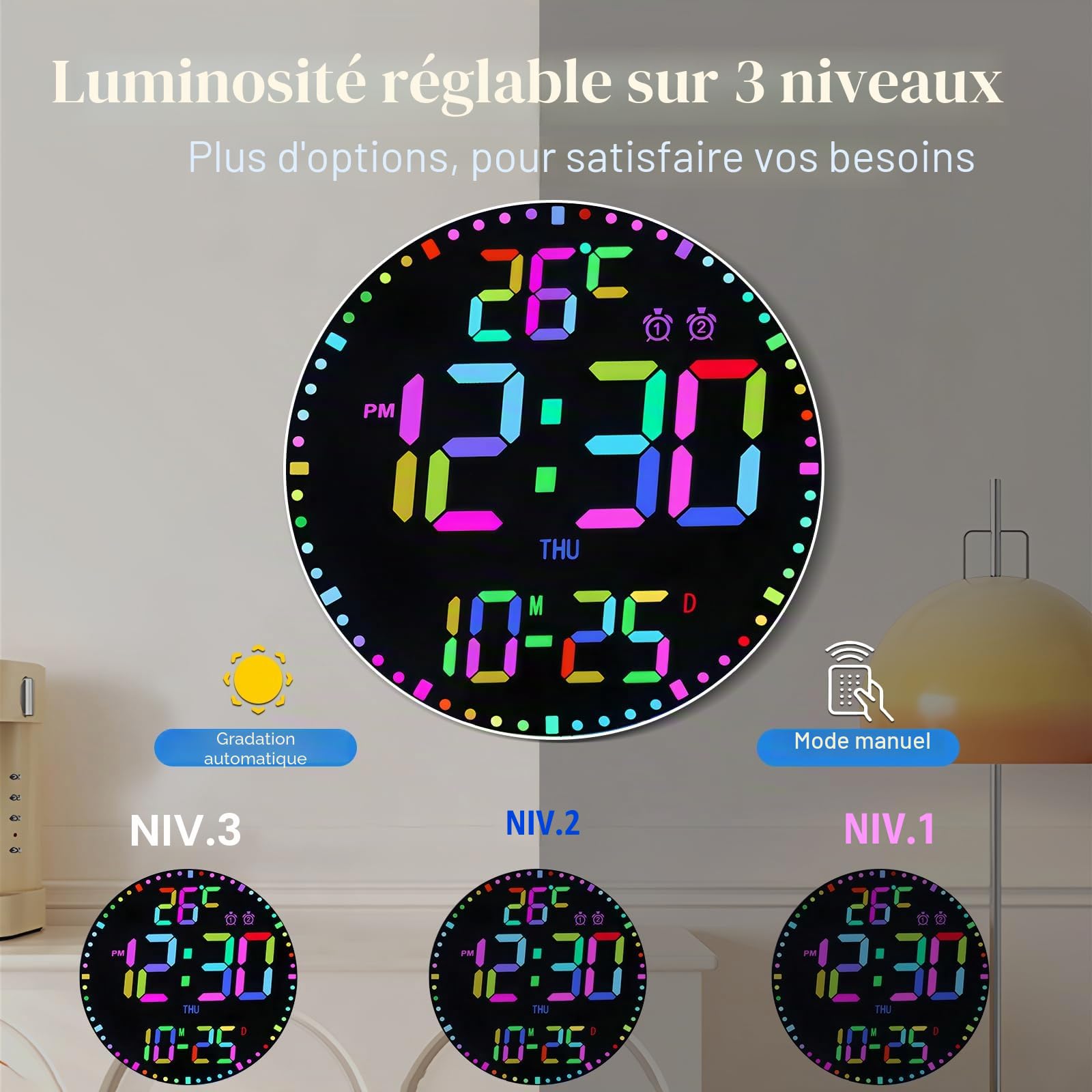Horloge murale numérique de 30,5 cm, grande horloge murale LED, horloge murale avec 12 couleurs RVB et télécommande, minuteur à grand affichage LED 2025 avec température, date, semaine