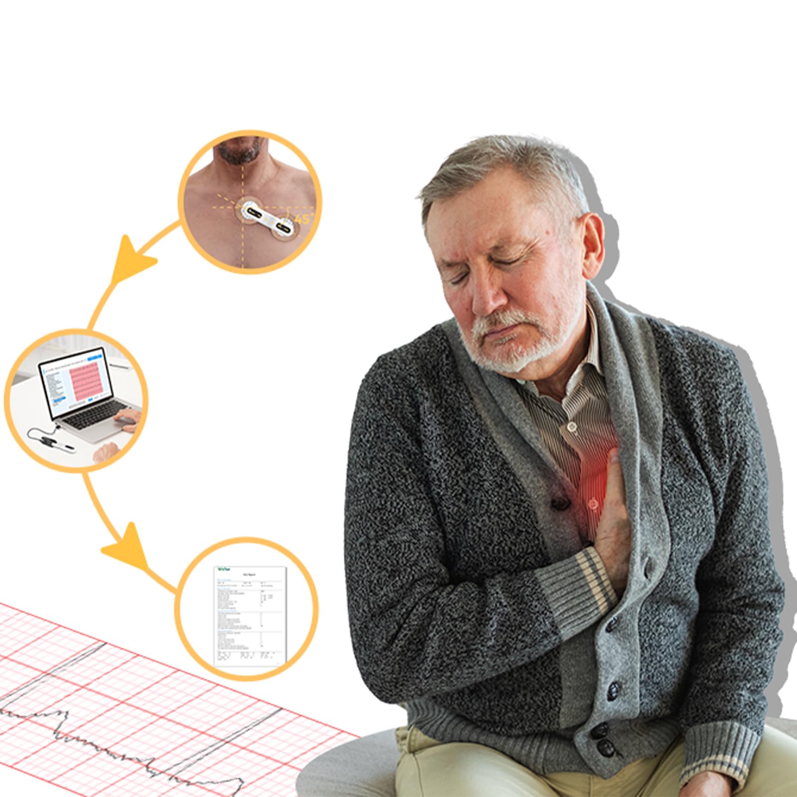 Checkme 72 Stunden EKG Gerät mit AI-EKG Analysebericht für Zuhause, Brustgurt EKG Monitor Unterstützung für PC Software, mit 10 Standard-Elektrodenpads