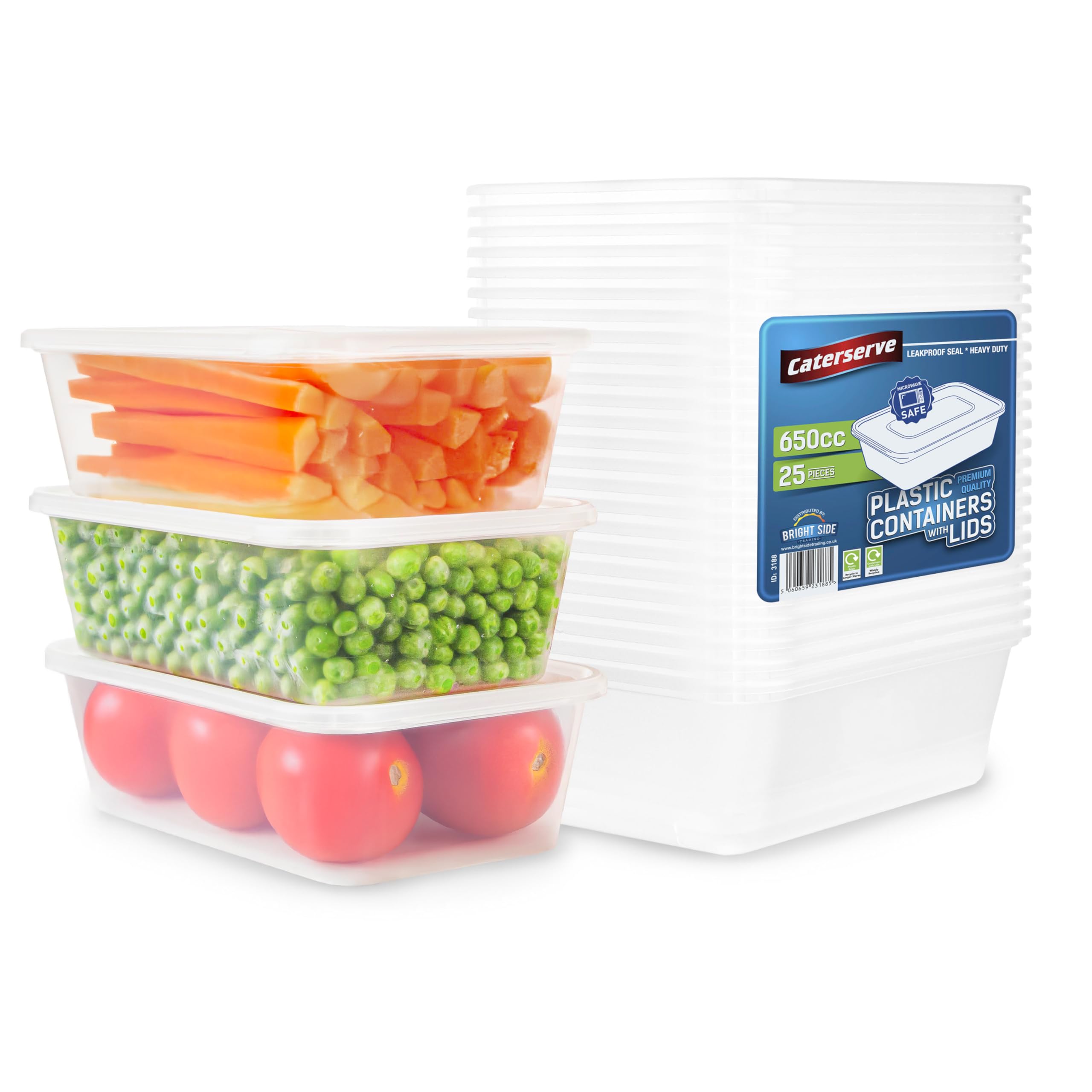 Caterserve 25 Takeaway Plastic Containers With lids 650 ml.- Microwave and Dishwasher safe - Ideal for Food storage and Meal Prep - BPA free,recyclable,reusable