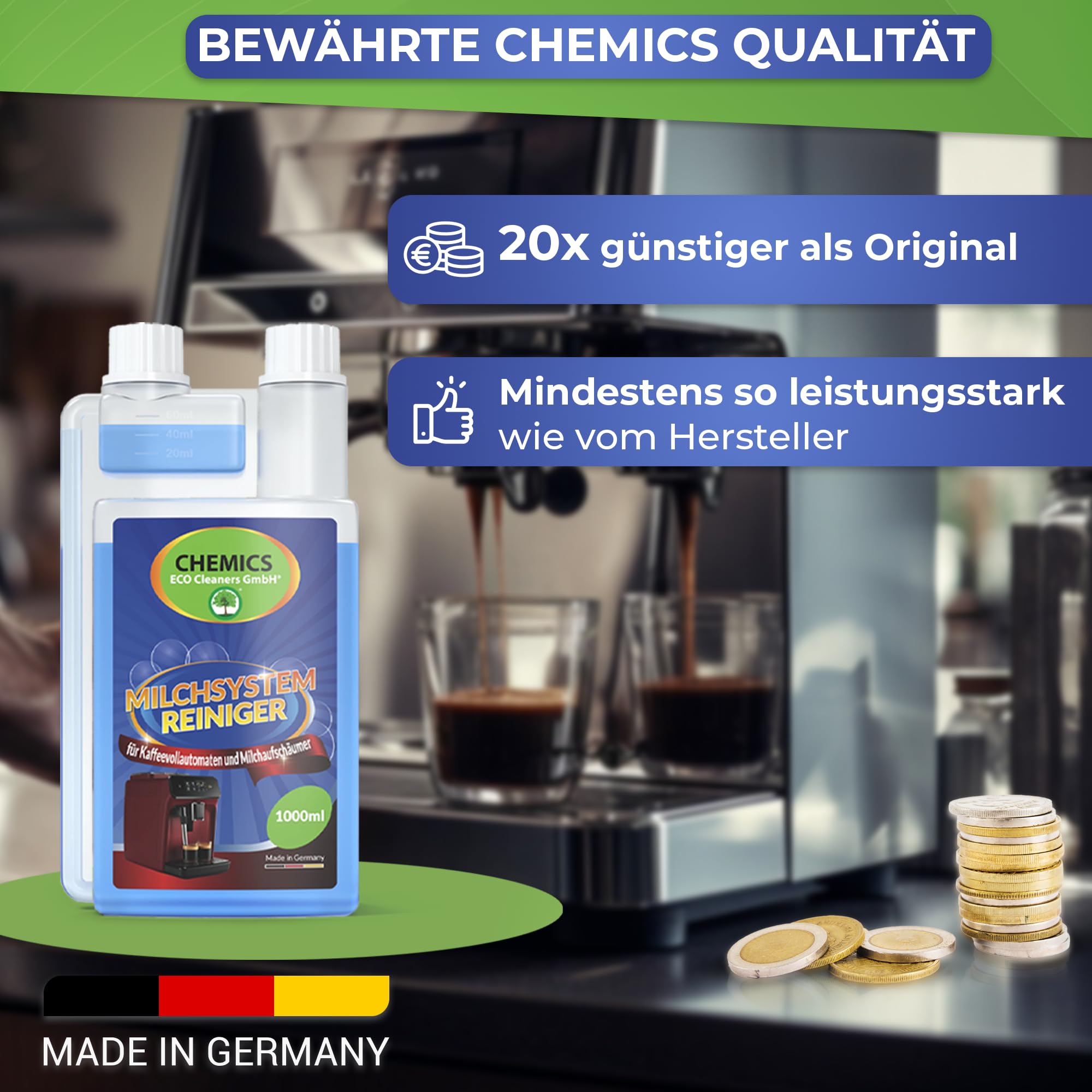 CHEMICS Milk System Cleaner 1000 ml - Limpiador eficaz de espuma de leche para máquinas de café totalmente automáticas y espumadores de leche externos - Para Jura, DeLonghi, Globaclean, WMF & Co. - In