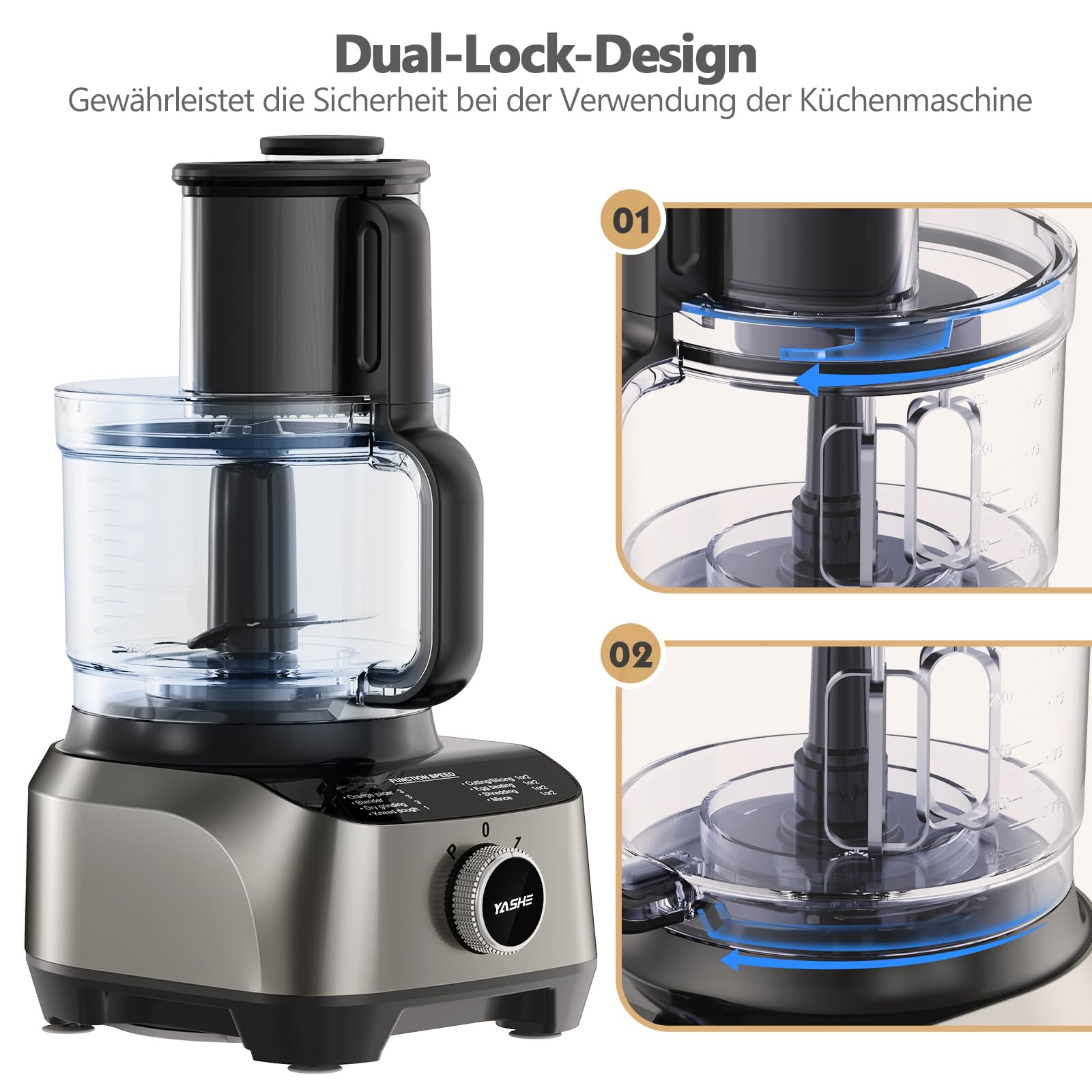 YASHE Multifunktionale Küchenmaschine, 11-in-1 Blender, Mixer, Zerkleinerer, Entsafter und Teigmaschine mit 2,5L Schüssel & 1,5L Mixbehälter, 1300W, 3-Gang, Pulsfunktion, Sicherheitsverriegelung