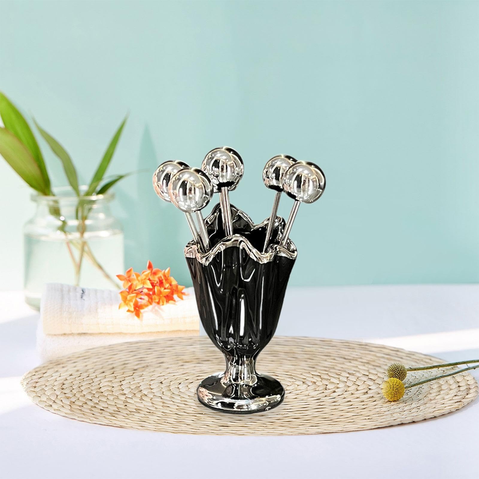 Generic Fruit Forks Set Food Pick Fork with Holder Luxury Kitchen Utensils Appetizer Forks for Restaurant Picnic Wedding Party Home, Black