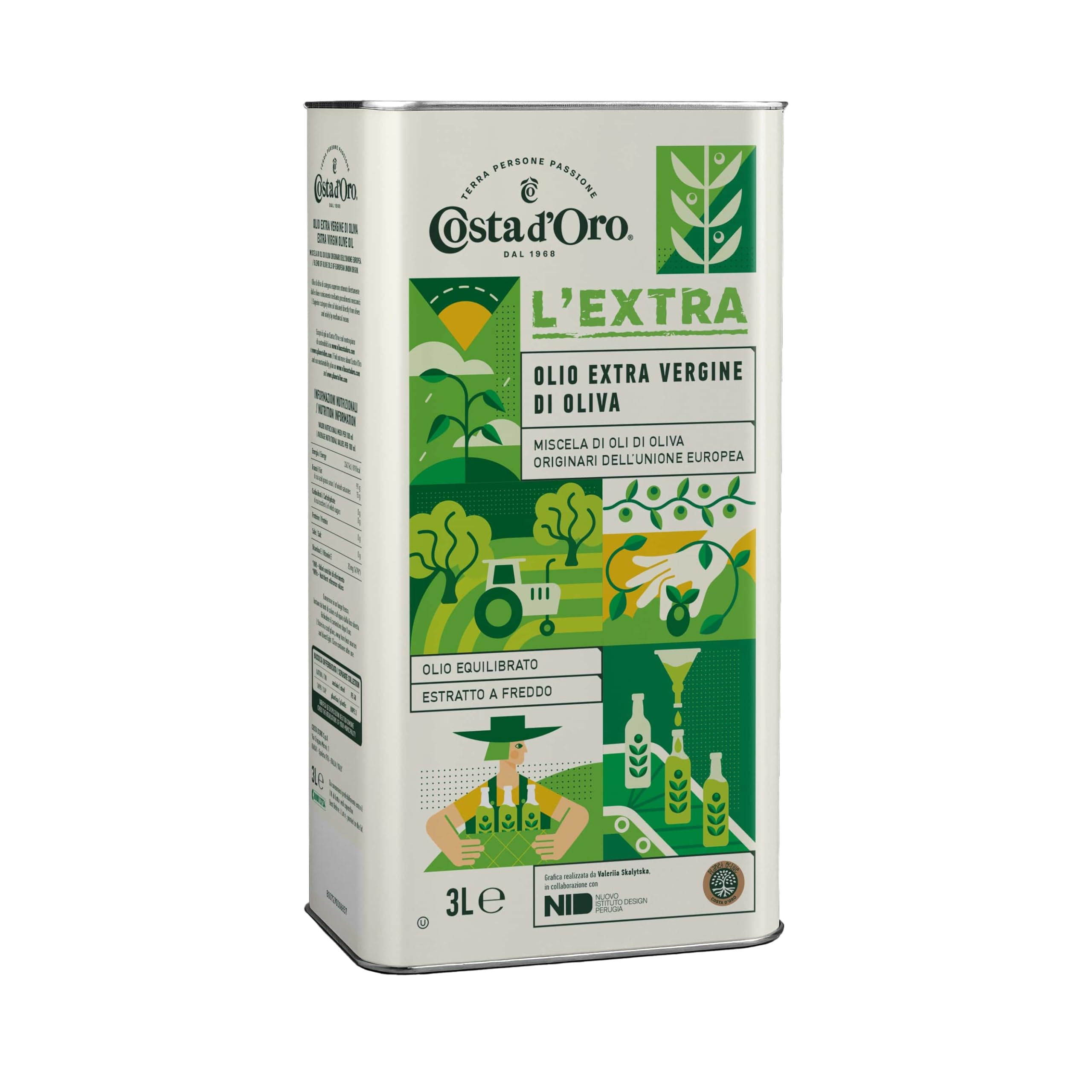 Costa d’Oro – L’Extra Limited Edition 3 L. Olio extravergine di oliva estratto a freddo, adatto a tutte le ricette. Progetto realizzato in collaborazione con NID – Nuovo Istituto Design Perugia.