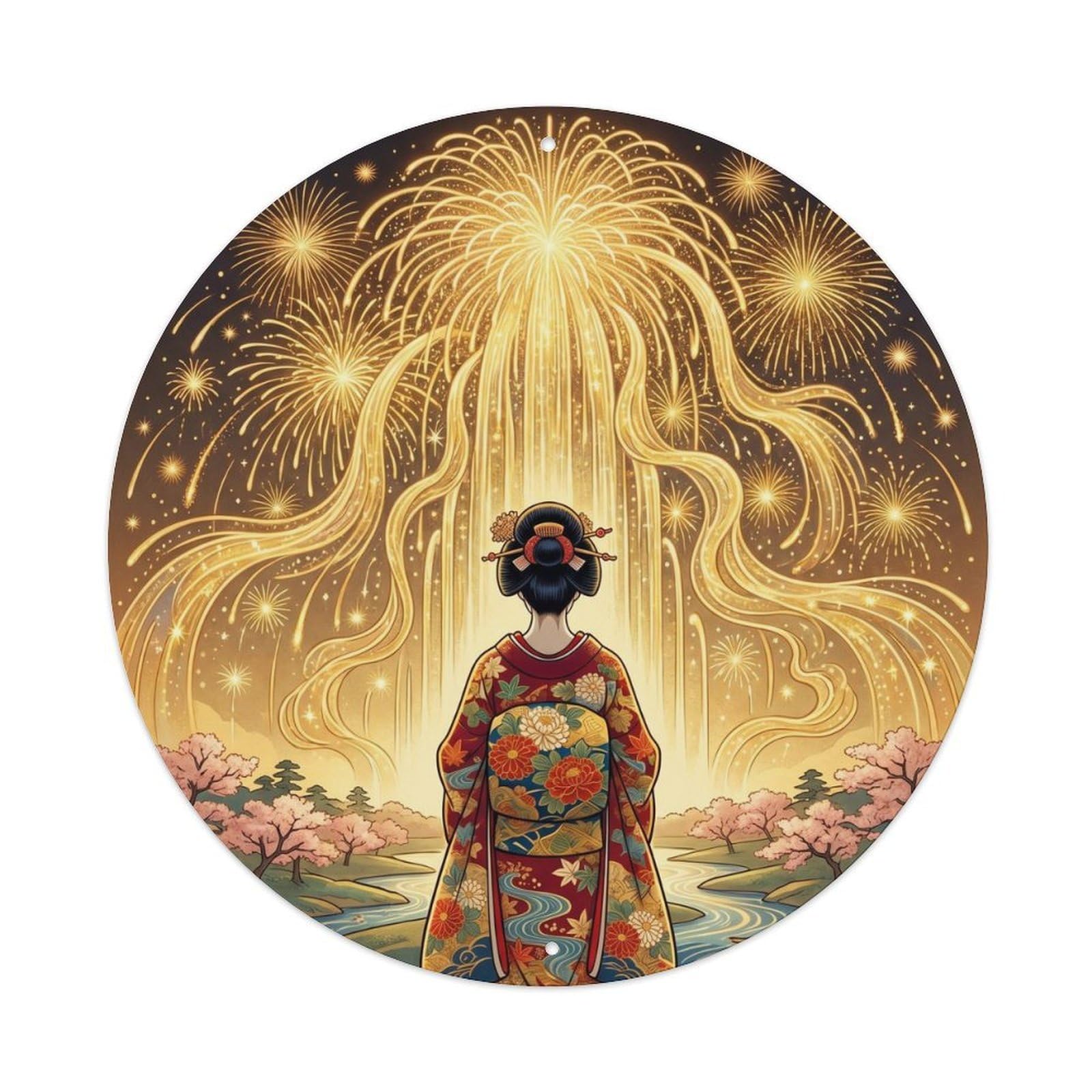 Metal Tin Sign Japanese Fireworks Waterfall Geisha Observing