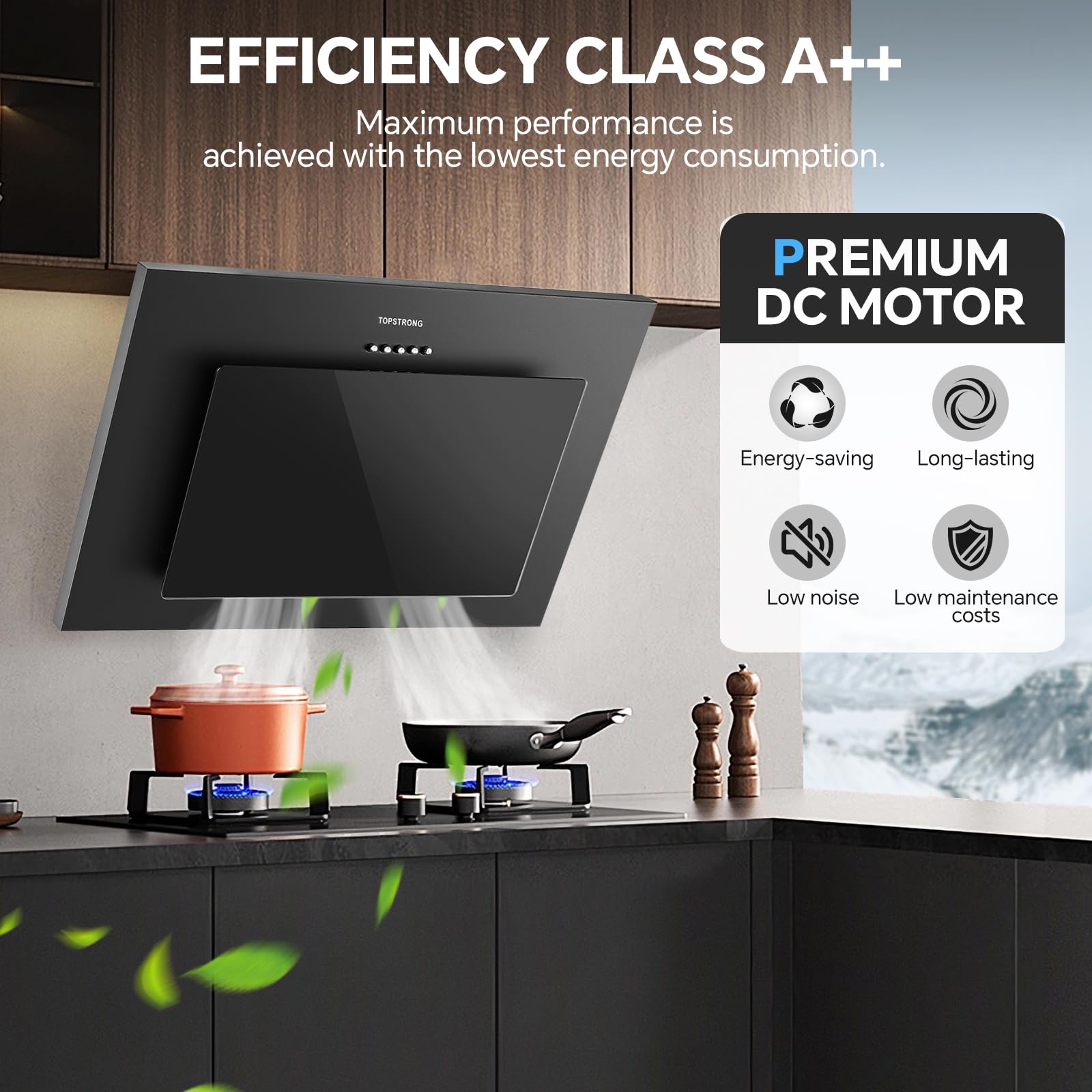 TopStrong Cooker Hood 60cm, Class A++ Extractor Fan Kitchen with Carbon Filters, Wall Mounted Extractor Hood with Recirculating & Ducting System, 3 Speed Black Painting & Tempered Glass, LED Lights - 4