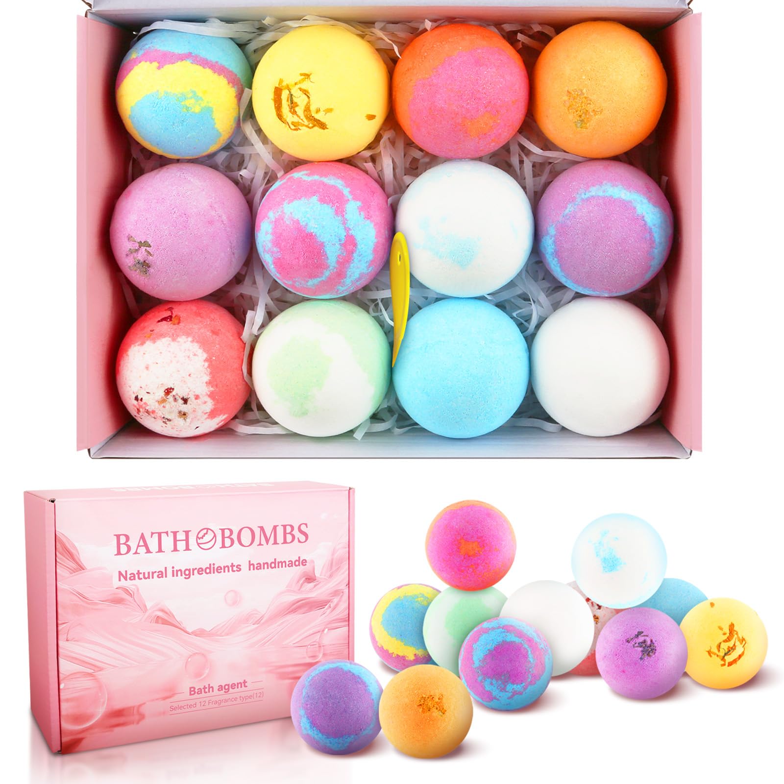 12 Pieces Handmade Fizzy Bubble Bath Bombs, Perfect for Bubble and Spa Bath, Bath Bombs Gift Set, Birthday Mothers Day Gifts Idea for Her/Him, Wife